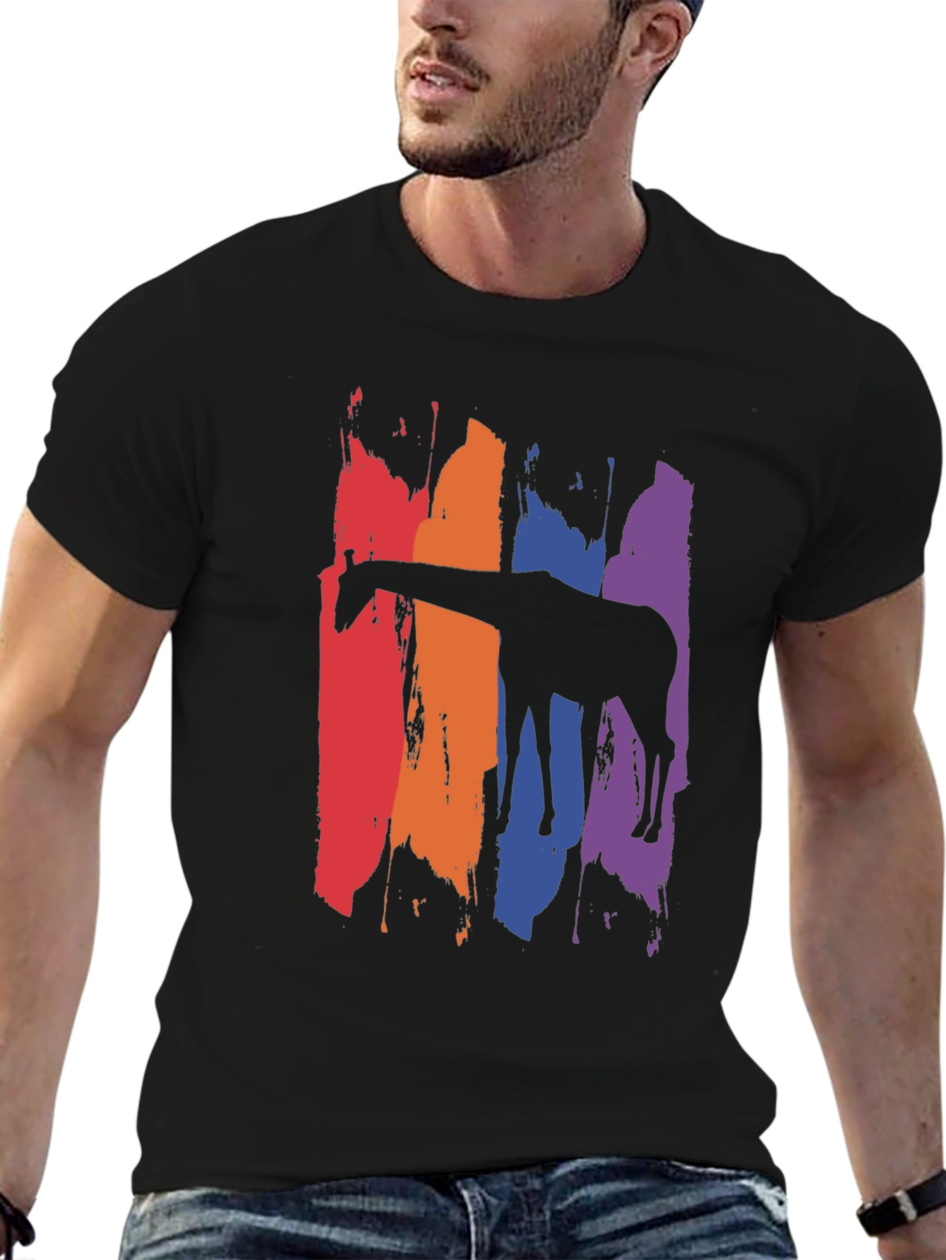 Rainbow Giraffe Graphic Tee - Mens Black T-Shirt