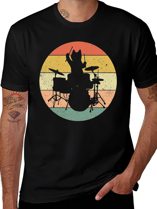 Cat Drummer T-Shirt - Retro Style Black Tee