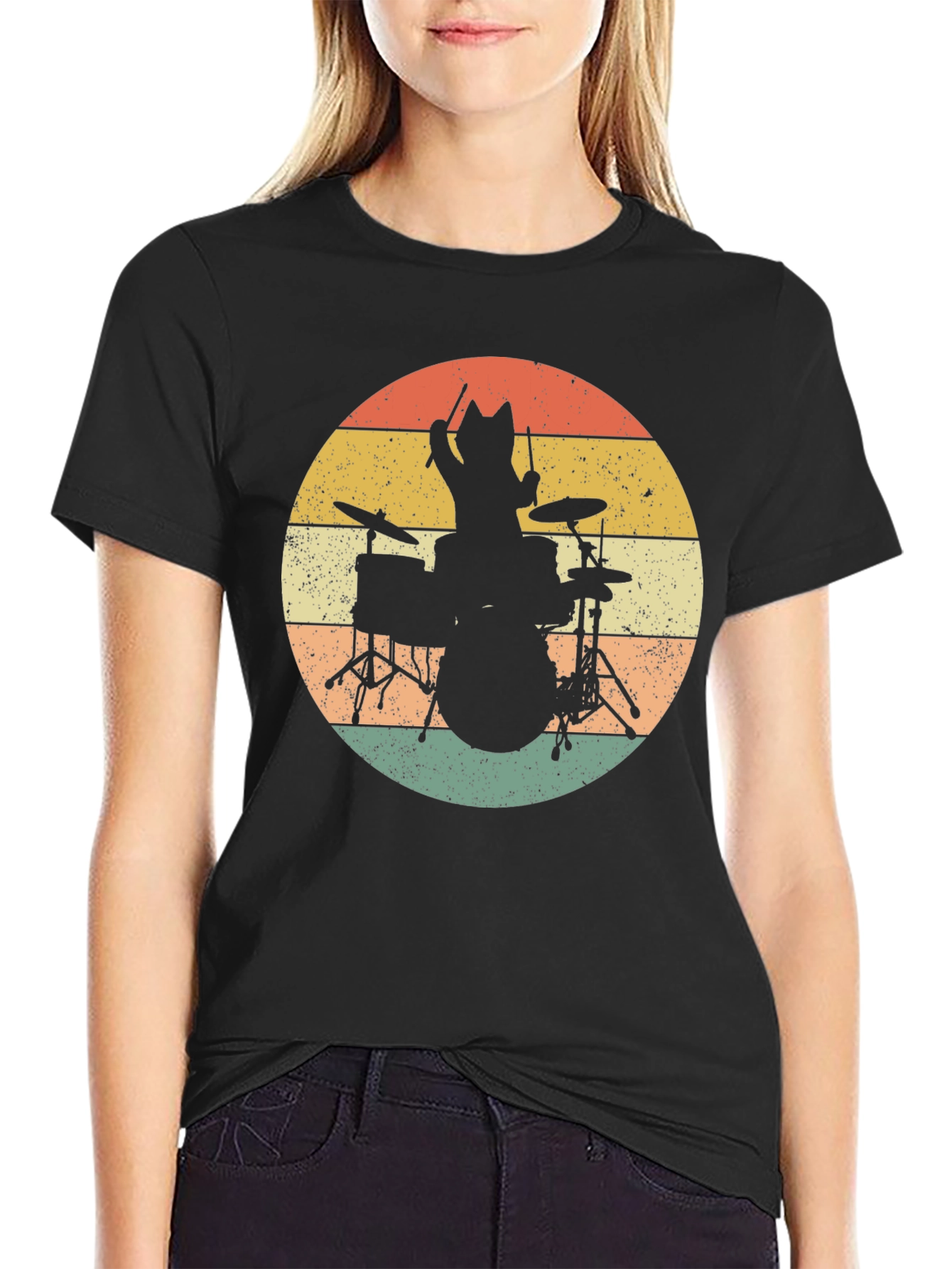Cat Drummer T-Shirt - Retro Style Black Tee