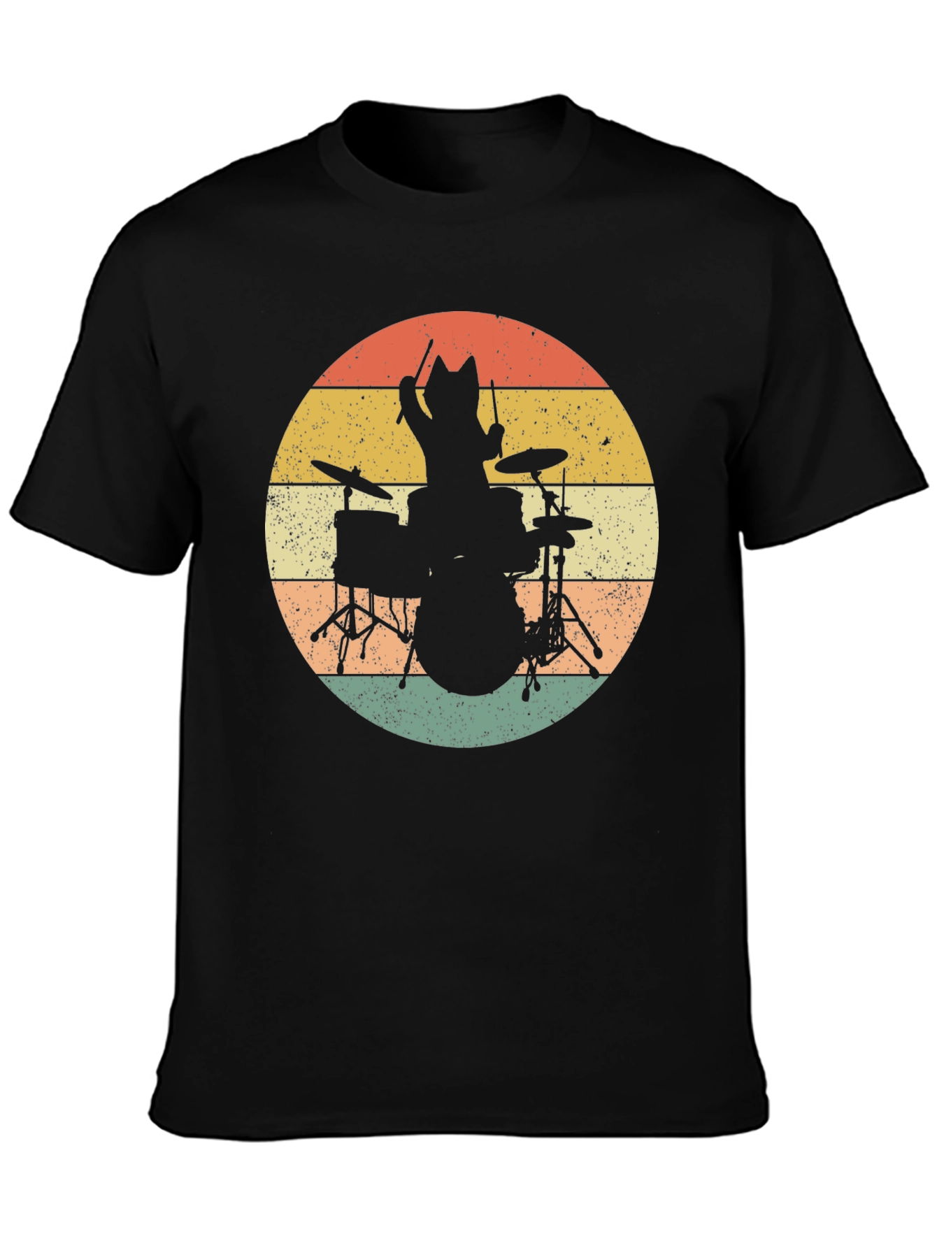 Cat Drummer T-Shirt - Retro Style Black Tee