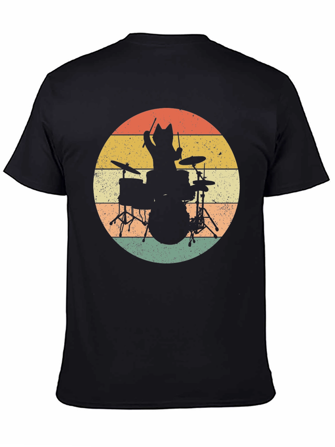 Cat Drummer T-Shirt - Retro Style Black Tee