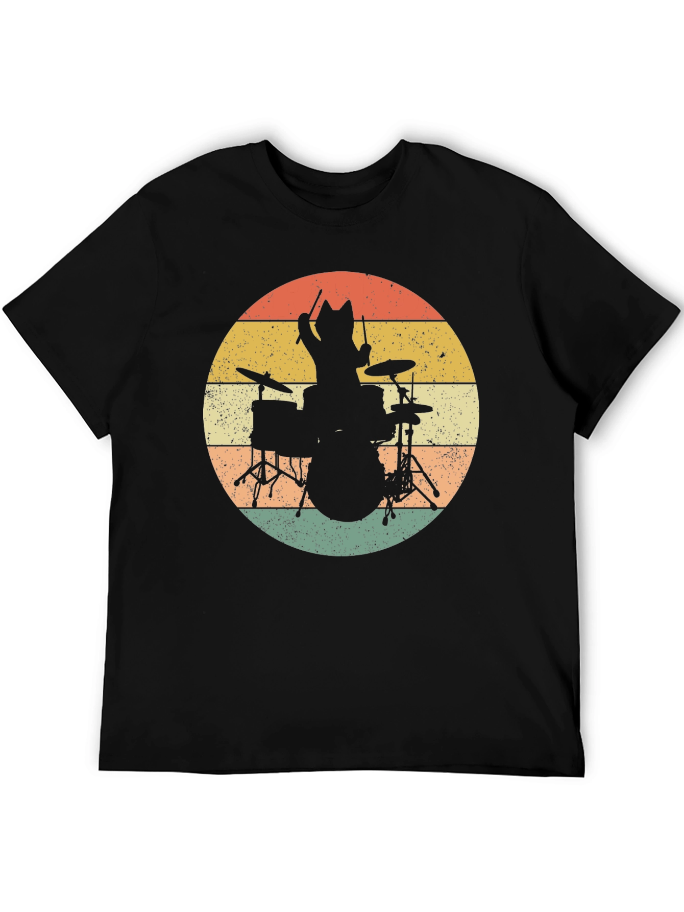 Cat Drummer T-Shirt - Retro Style Black Tee