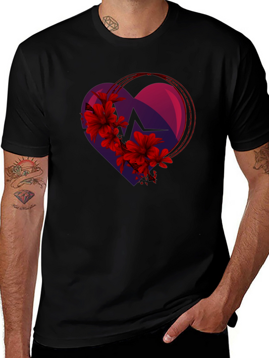 Heartbeat Floral Graphic Tee - Stylish Mens Black T-Shirt