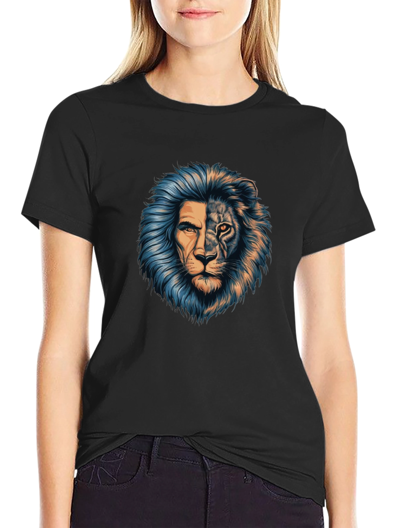 Lion Face Graphic Print Black T-Shirt