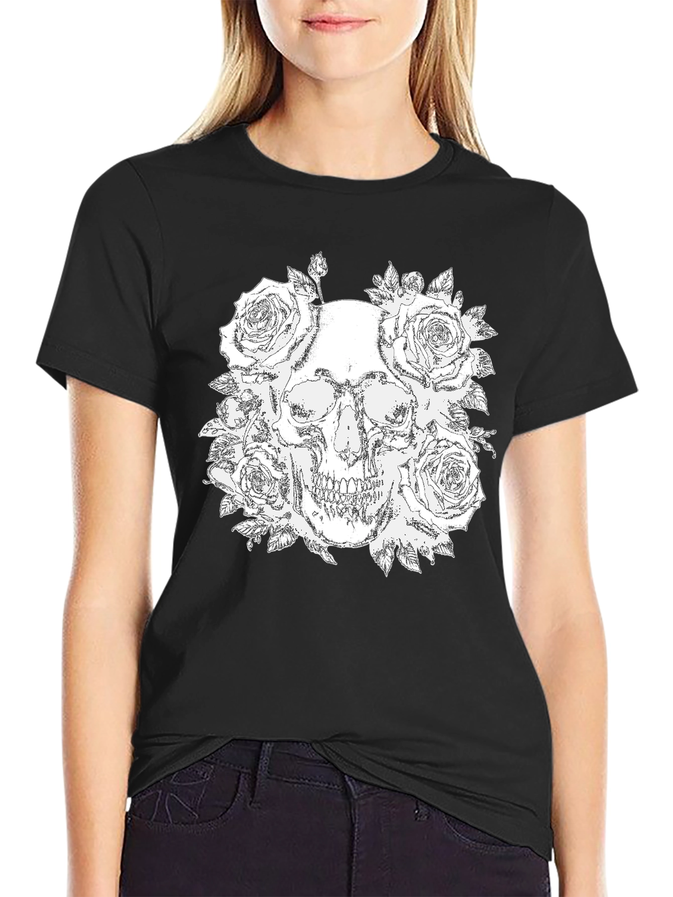 Skull and Roses Graphic Tee - Black
