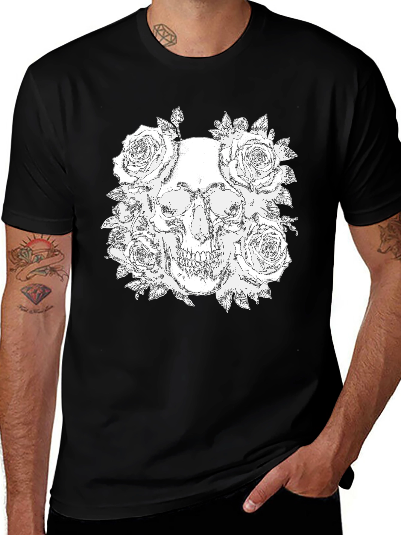 Skull and Roses Graphic Tee - Black