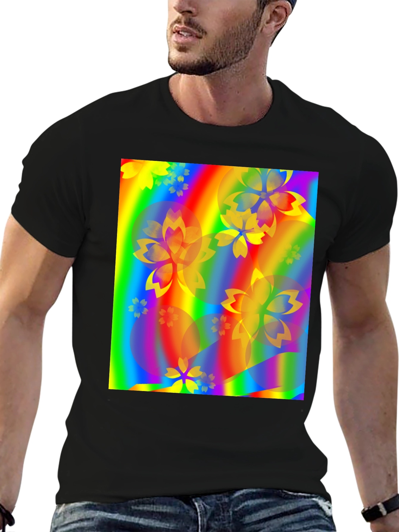 Rainbow Floral Graphic Black T-Shirt