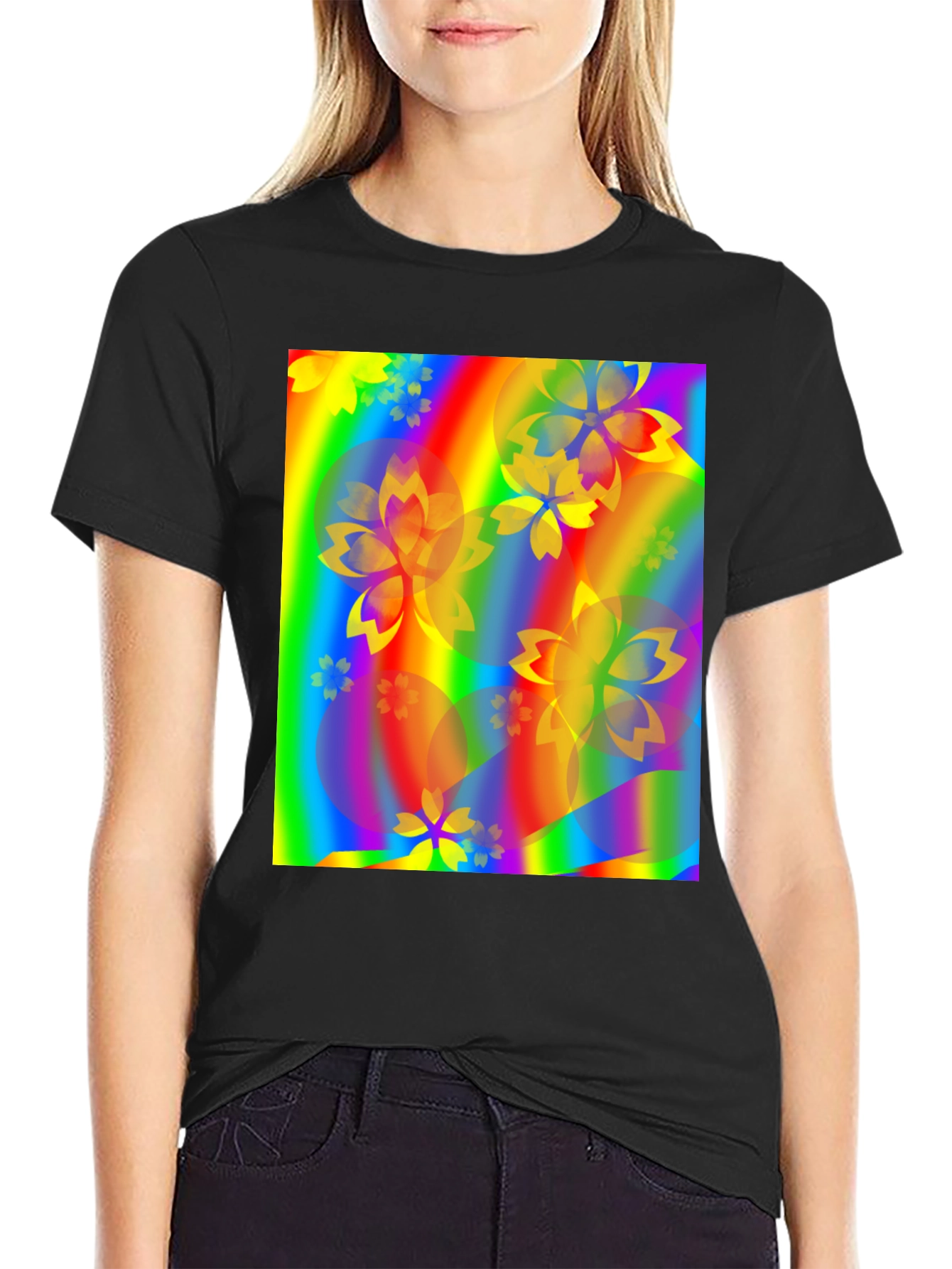 Rainbow Floral Graphic Black T-Shirt
