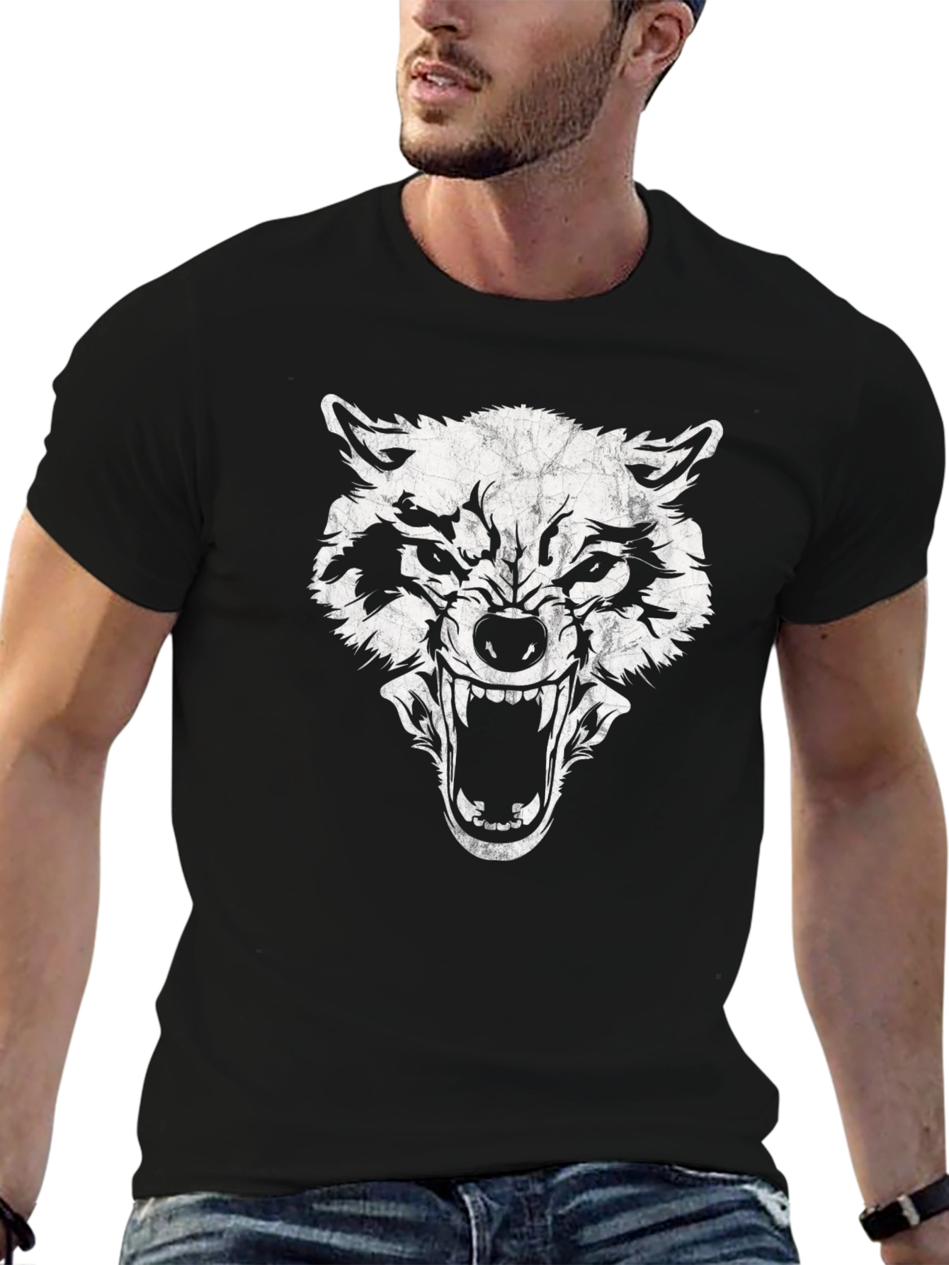 Mens Black Wolf Graphic Print T-Shirt