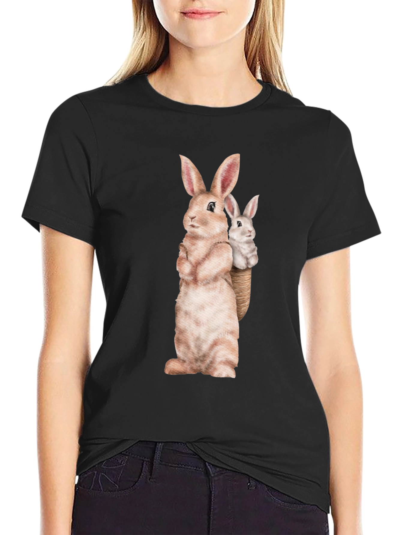 Bunny Graphic Tee - Soft Black Cotton Blend