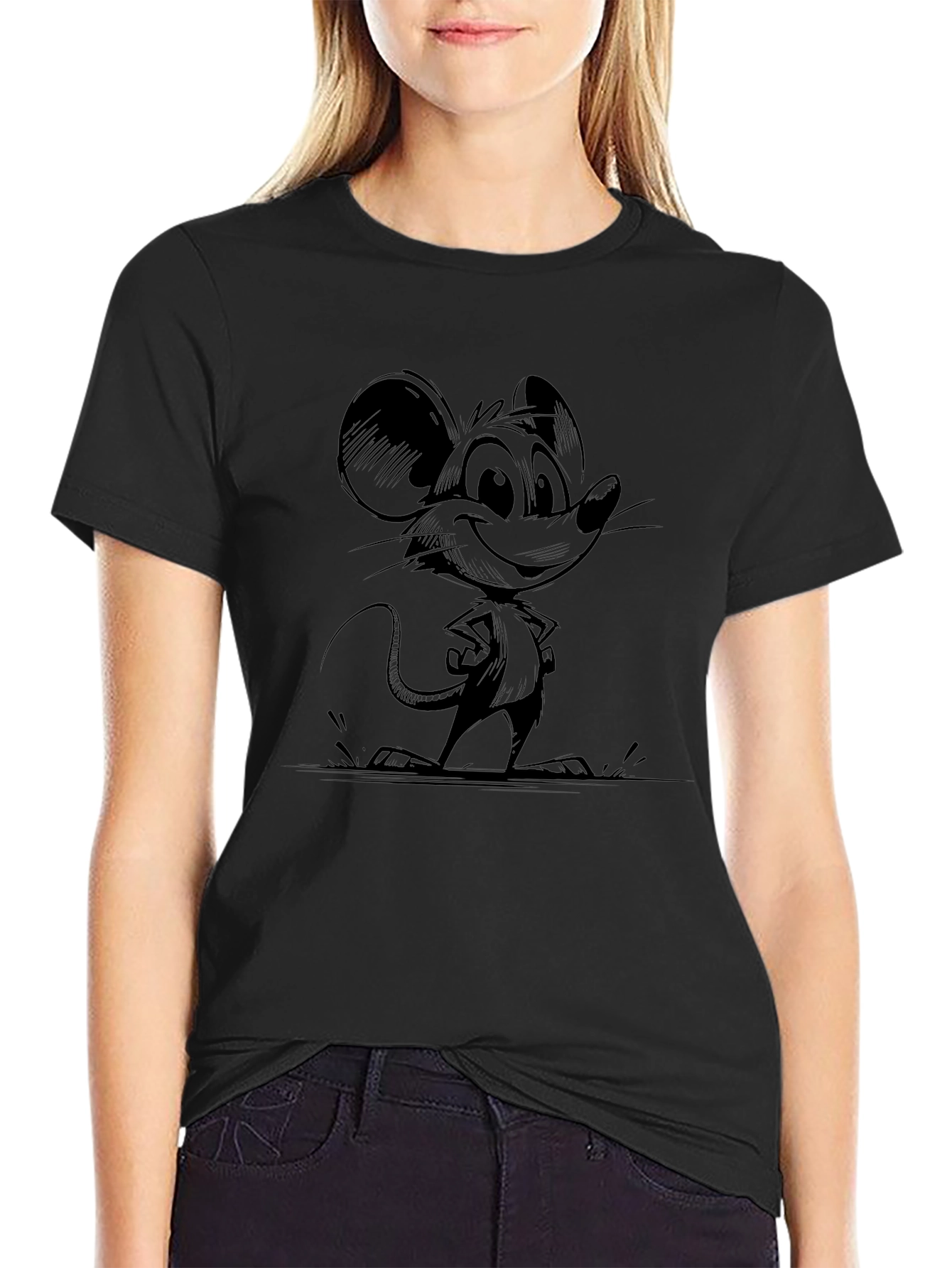 Cartoon Mouse Graphic Print Black T-Shirt