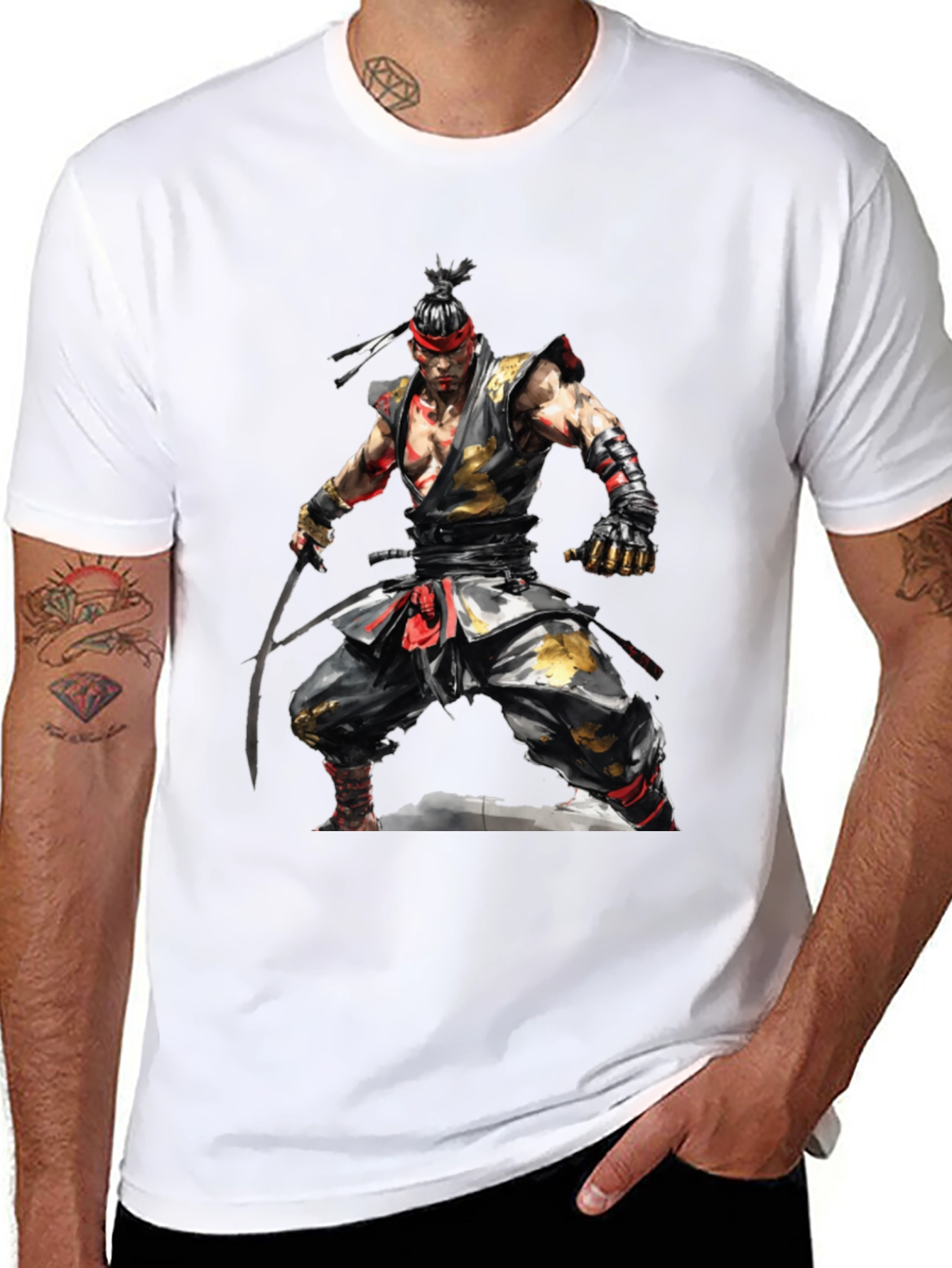 Mens Black T-Shirt with Samurai Design