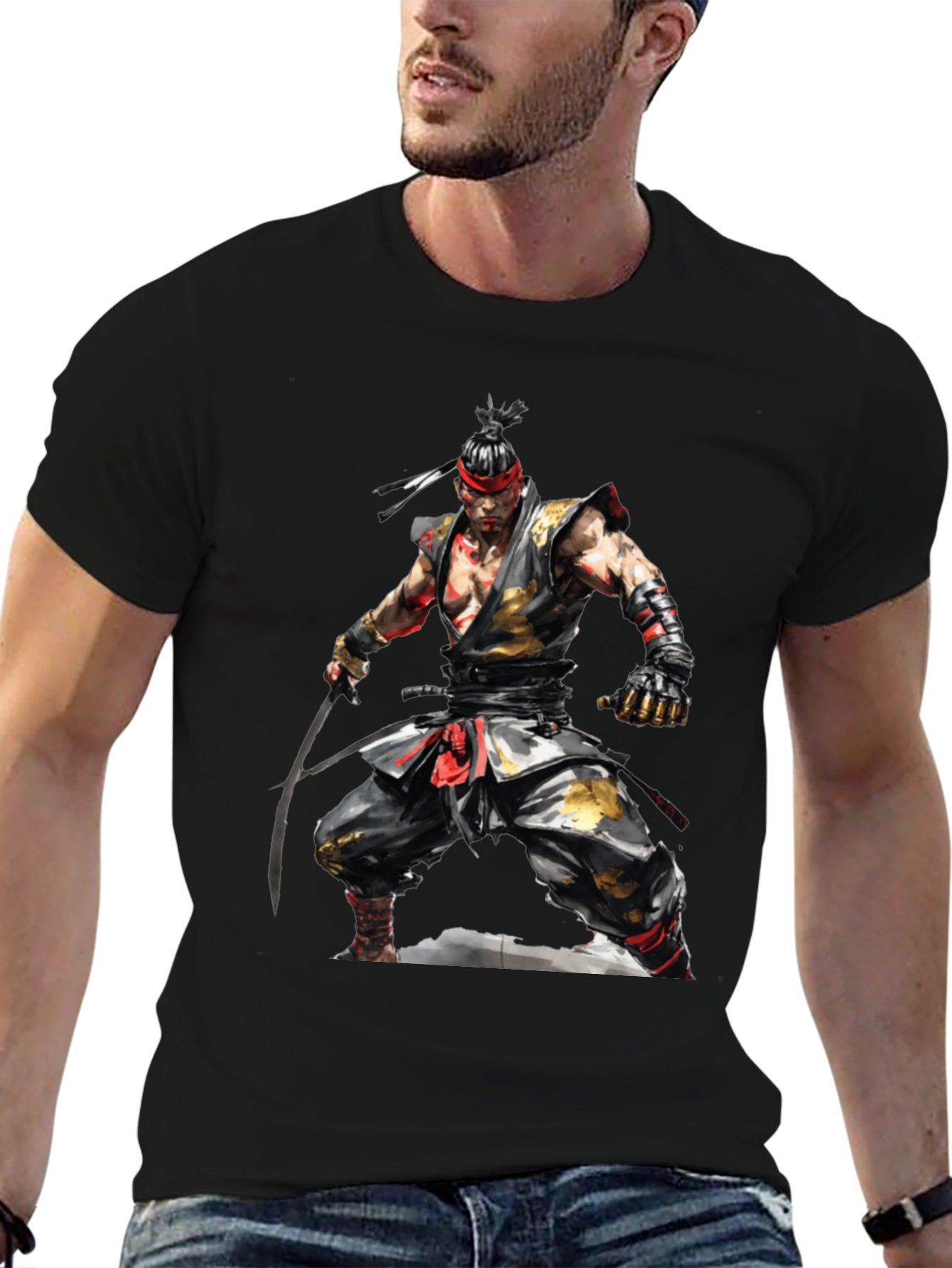 Mens Black T-Shirt with Samurai Design