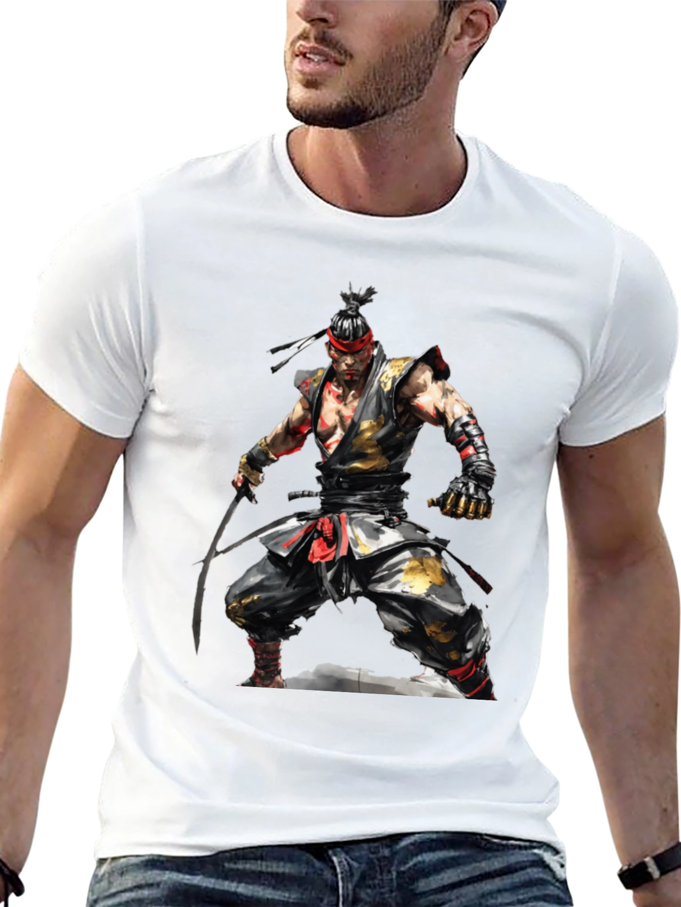 Mens Black T-Shirt with Samurai Design