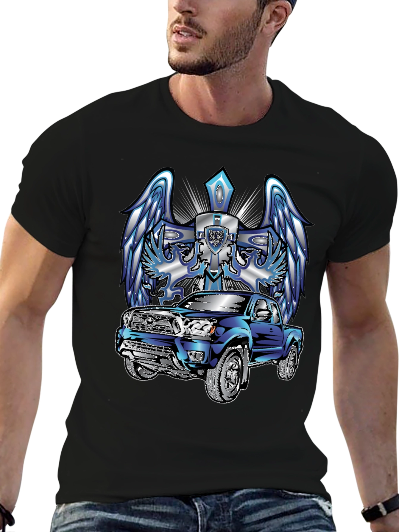 Truck and Angel Wing Graphic Tee - Black