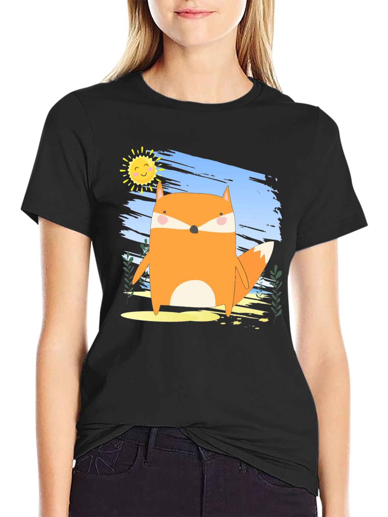 Cute Fox Graphic Black T-Shirt