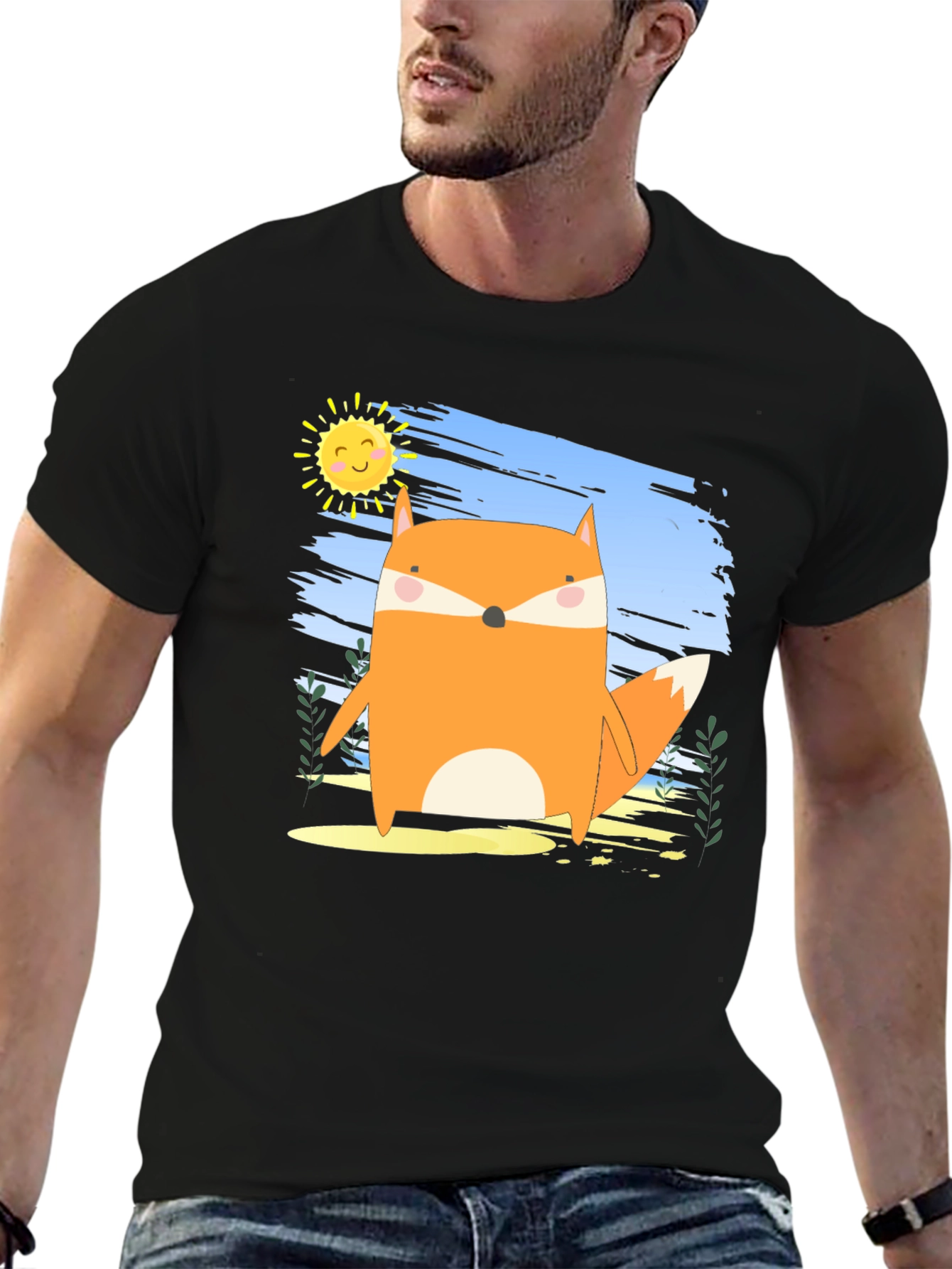Cute Fox Graphic Black T-Shirt