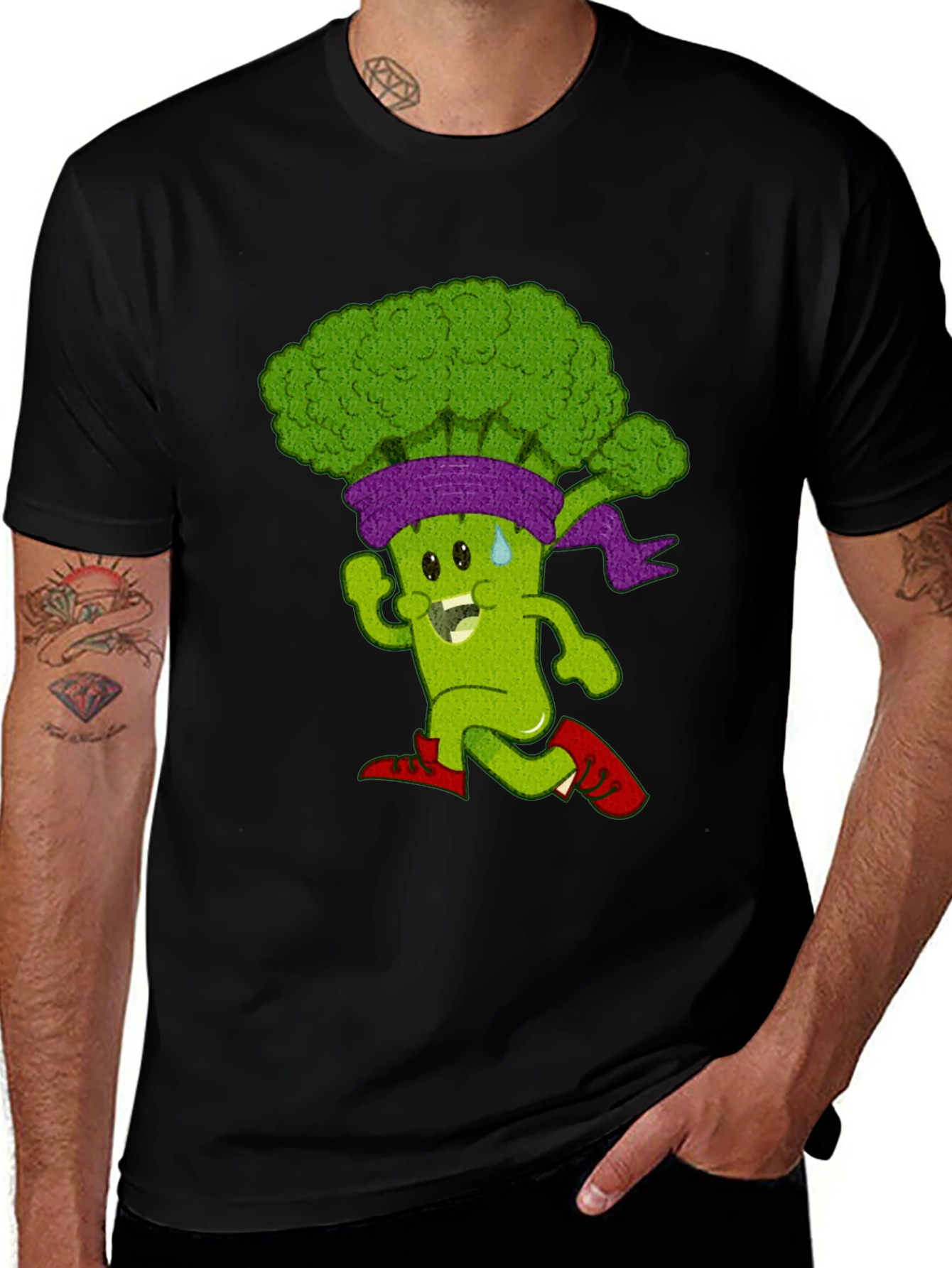 Running Broccoli Cartoon Graphic T-Shirt