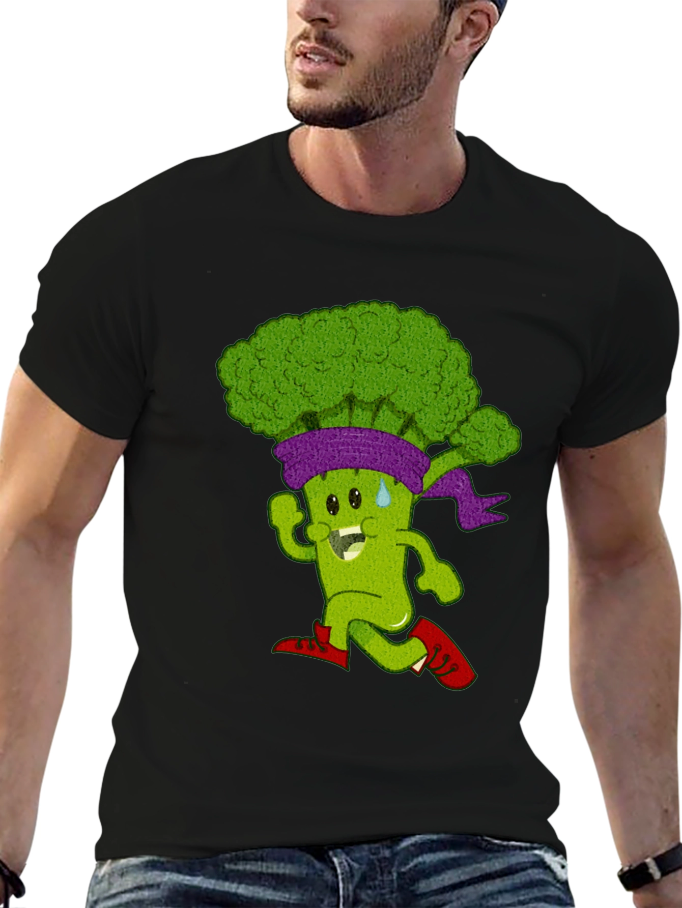Running Broccoli Cartoon Graphic T-Shirt