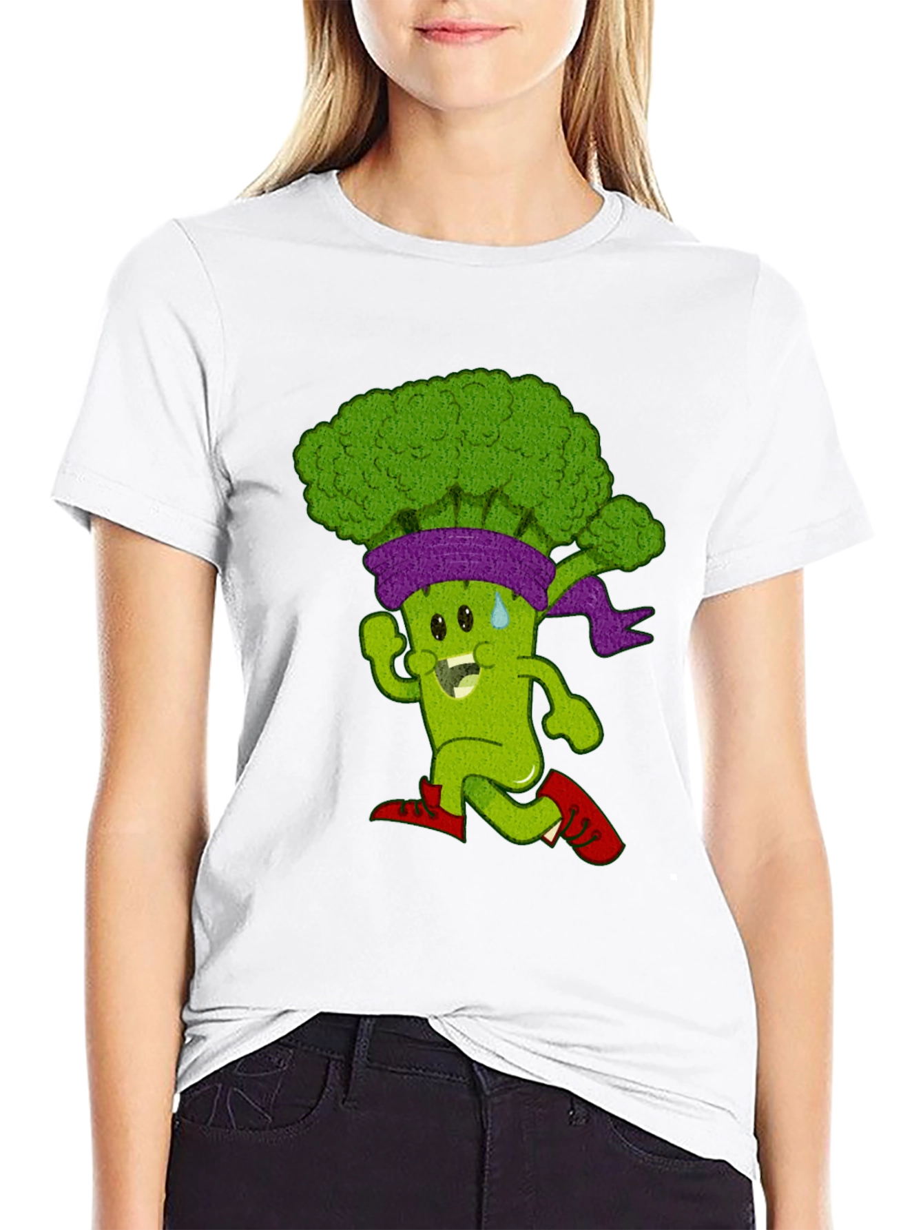Running Broccoli Cartoon Graphic T-Shirt