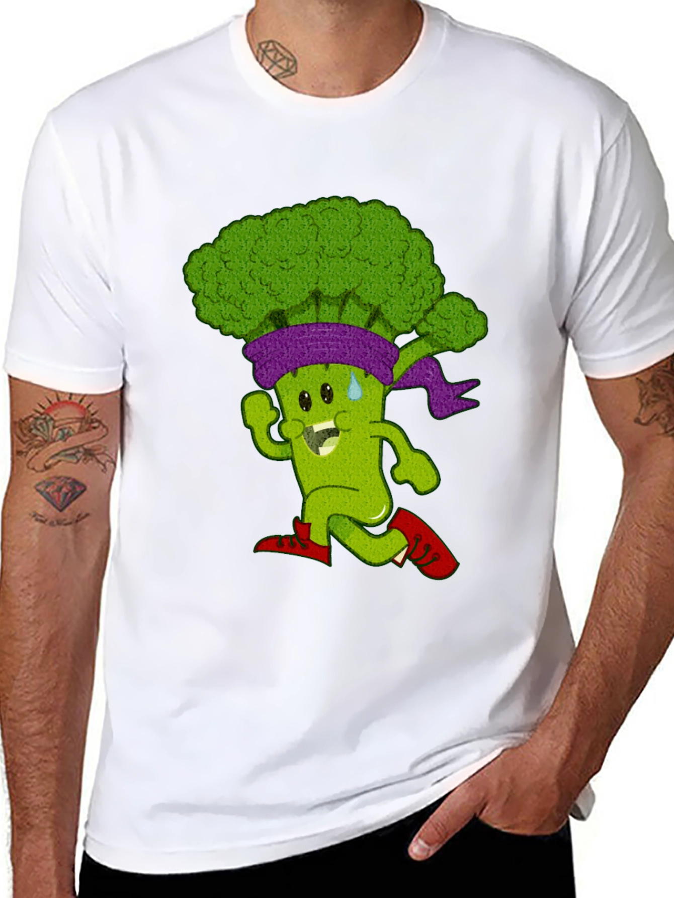 Running Broccoli Cartoon Graphic T-Shirt