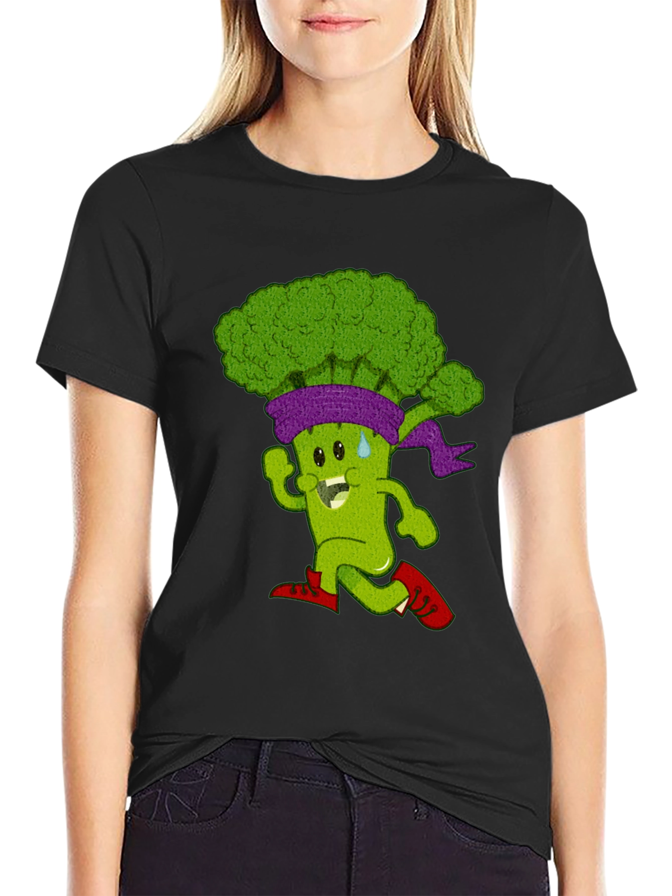 Running Broccoli Cartoon Graphic T-Shirt