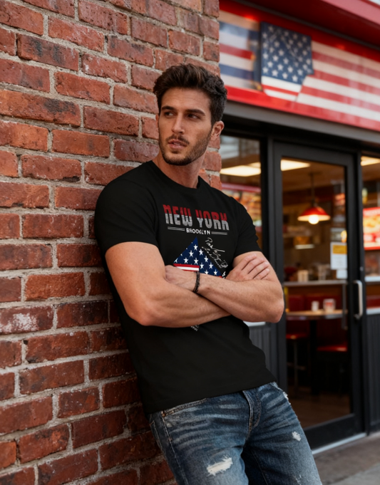 New York Brooklyn American Flag T-Shirt - 100% Cotton, Retro Urban Tee for Travel, Casual Wear & City Adventures