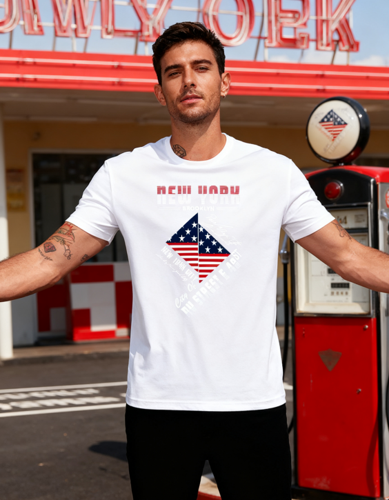 New York Brooklyn American Flag T-Shirt - 100% Cotton, Retro Urban Tee for Travel, Casual Wear & City Adventures