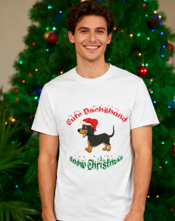 Cute Dachshund Snowy Christmas T-Shirt - 100% Cotton, Festive Exclusive for Holiday Gatherings & Casual Occasions