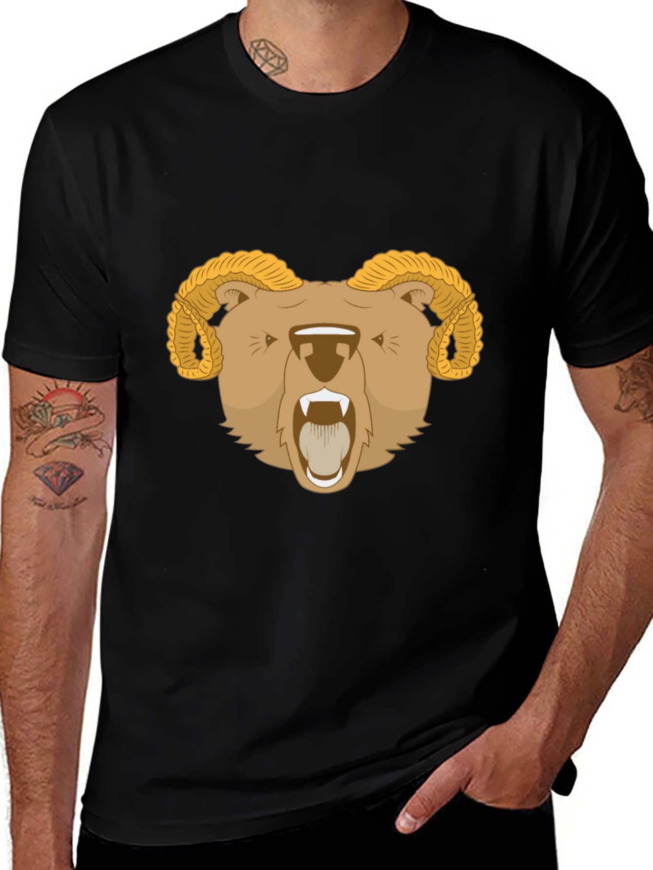Ram Bear Graphic Tee - Black Animal T-Shirt