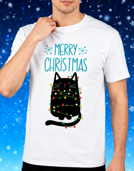 Merry Christmas Black Cat String Lights T-Shirt - 100% Cotton, Cute Festive Tee for Holiday & Casual Occasions