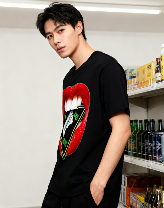 Red Lips Geometric Graphic T-Shirt - Edgy Trendy Casual Streetwear Tee