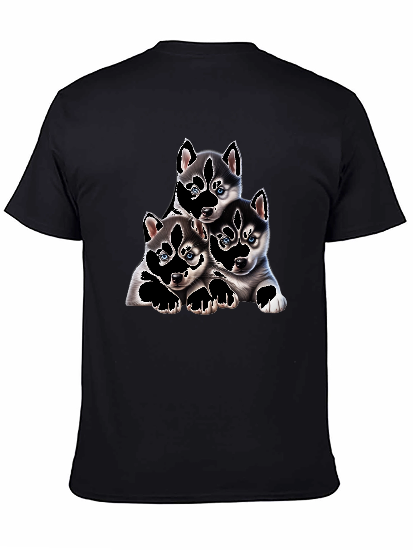 Husky Puppy Pile Black T-Shirt