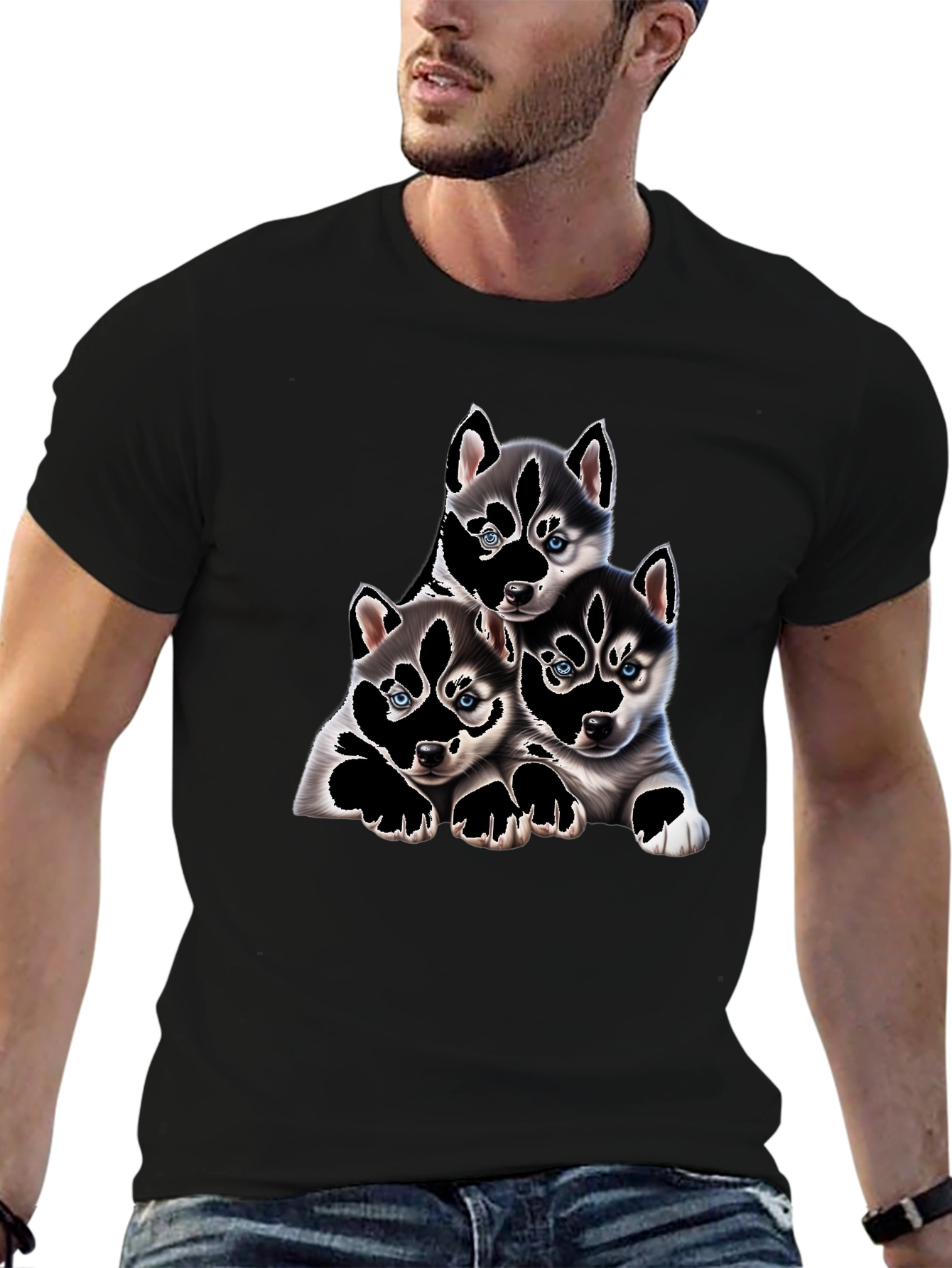 Husky Puppy Pile Black T-Shirt