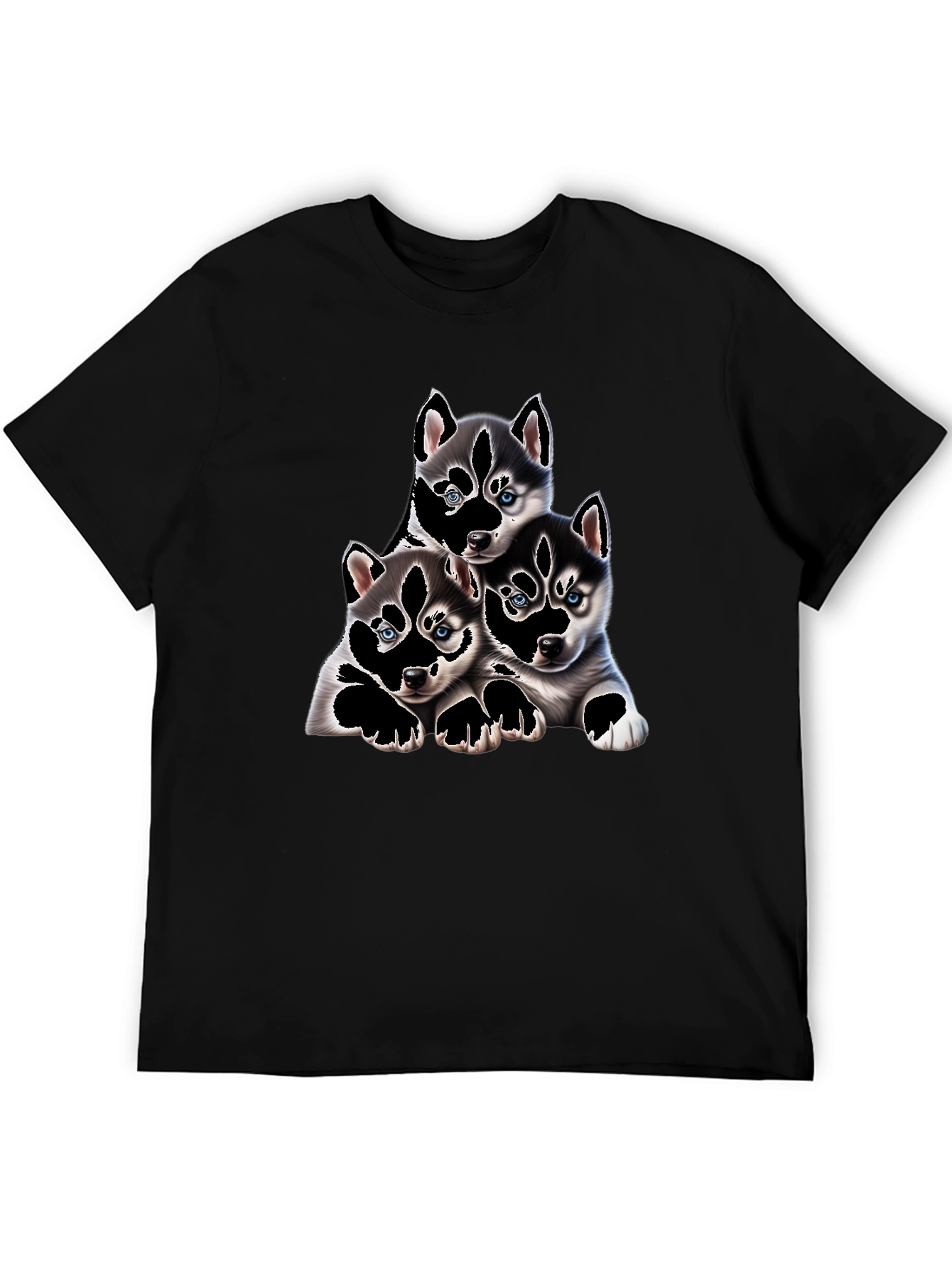 Husky Puppy Pile Black T-Shirt