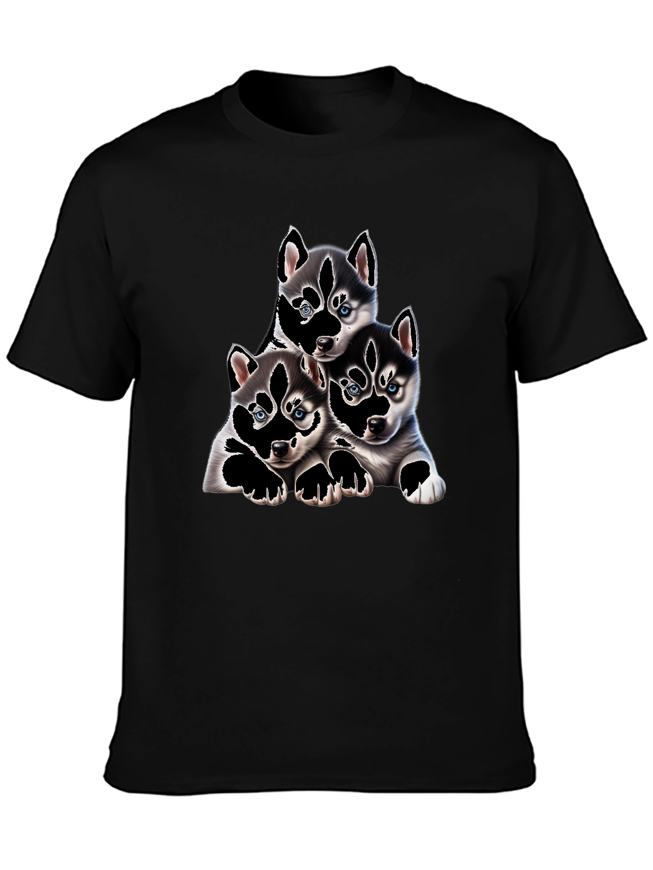 Husky Puppy Pile Black T-Shirt