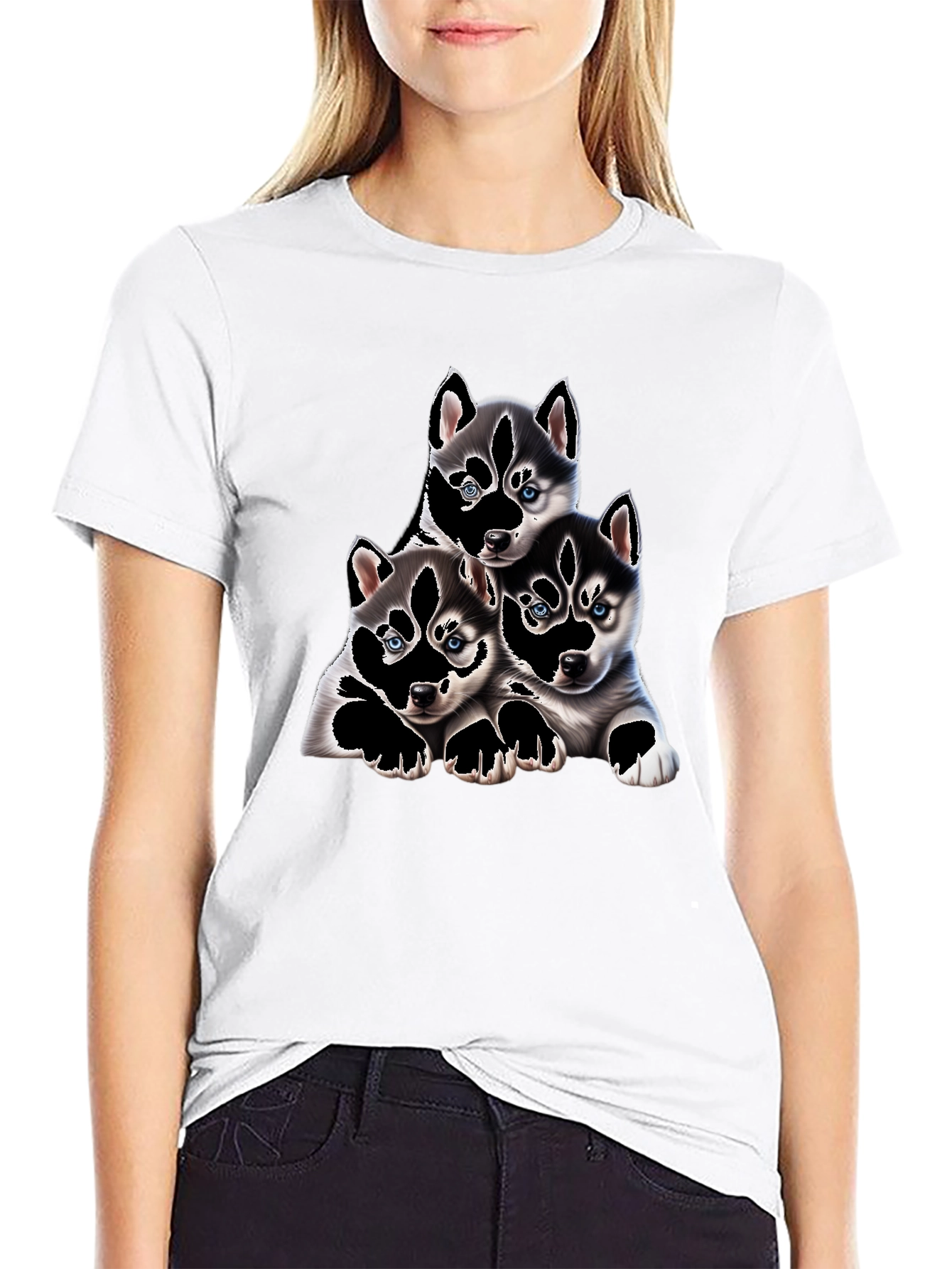 Husky Puppy Pile Black T-Shirt