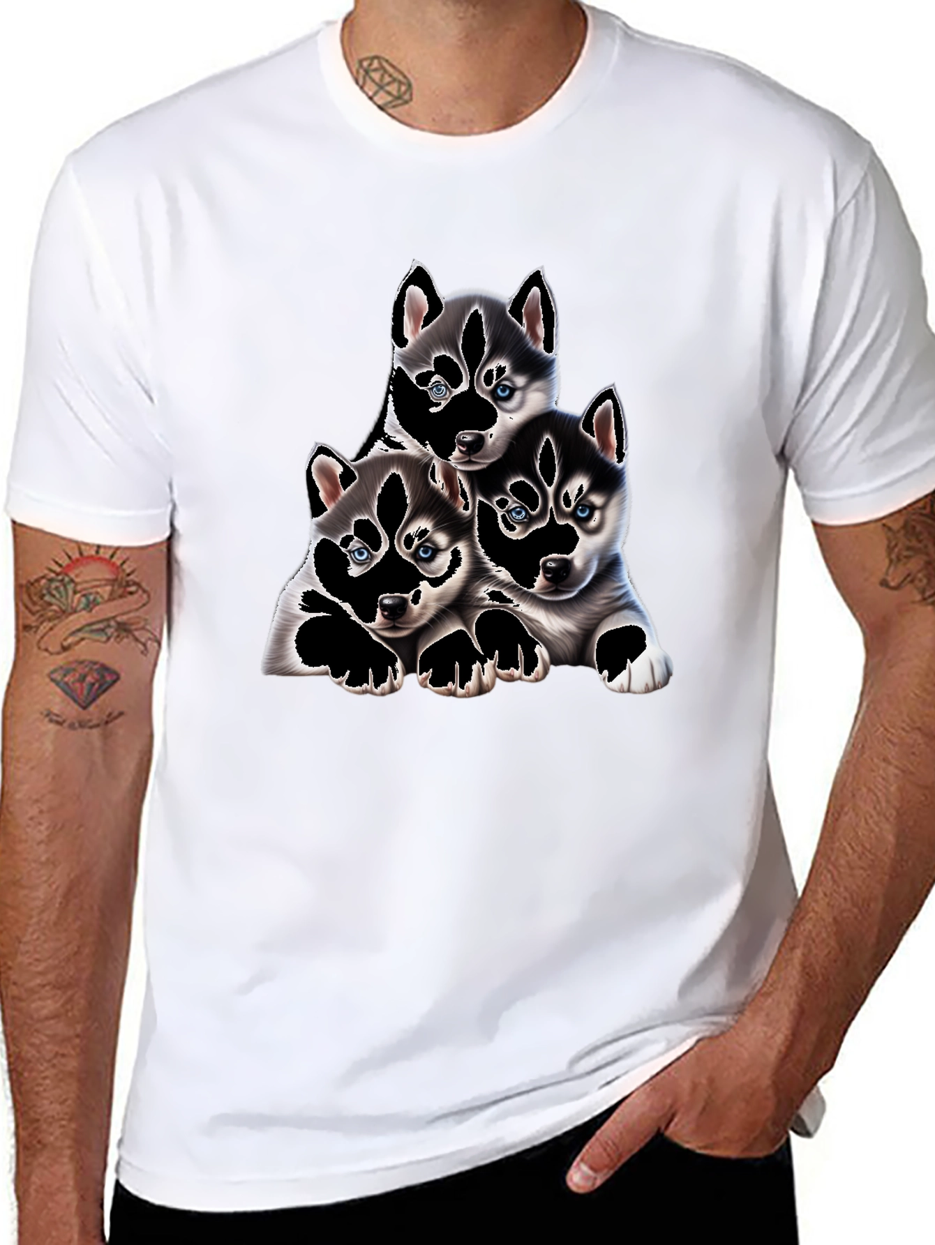 Husky Puppy Pile Black T-Shirt