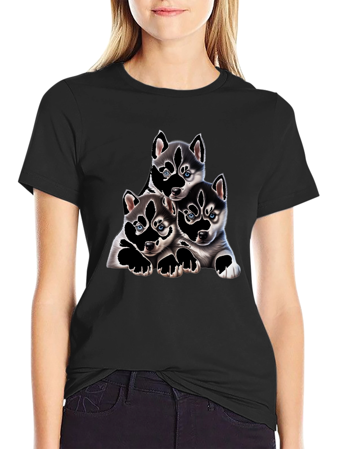 Husky Puppy Pile Black T-Shirt