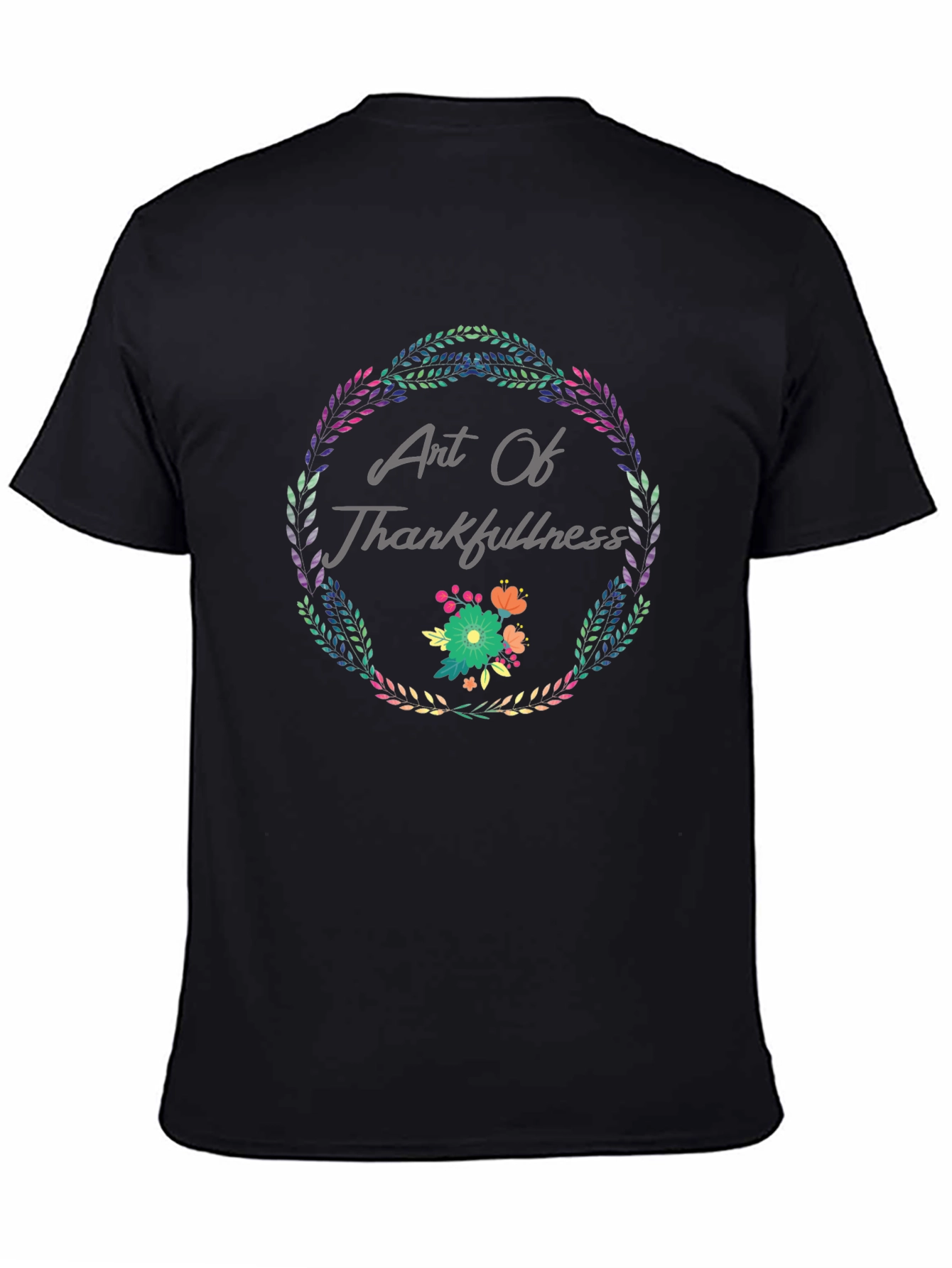 Art Of Thankfulness Floral Wreath Black T-Shirt