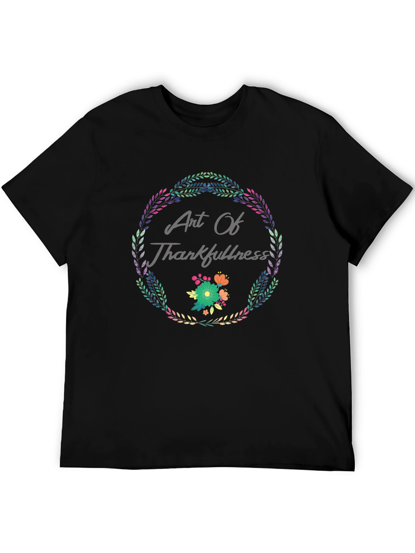 Art Of Thankfulness Floral Wreath Black T-Shirt