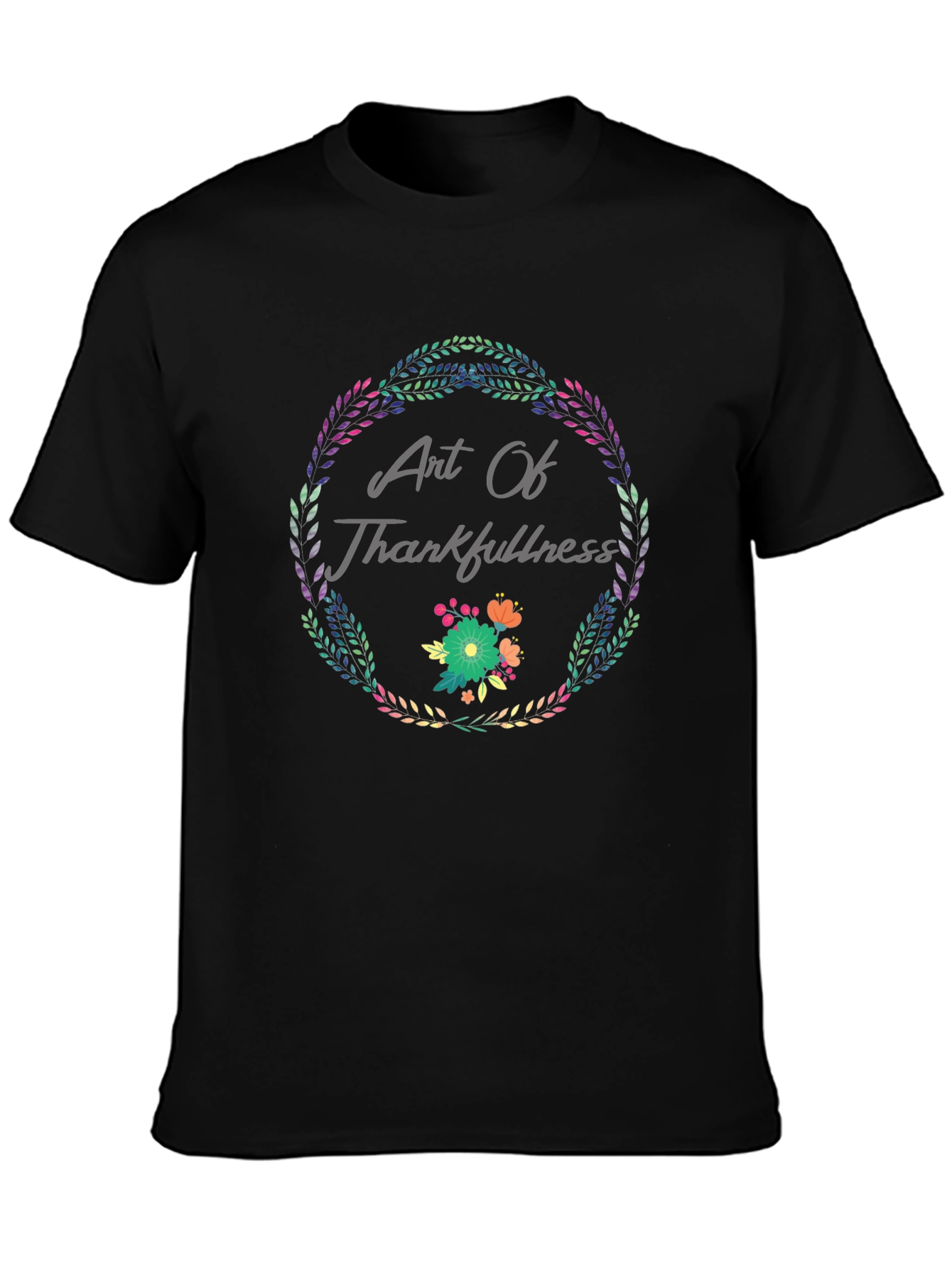 Art Of Thankfulness Floral Wreath Black T-Shirt