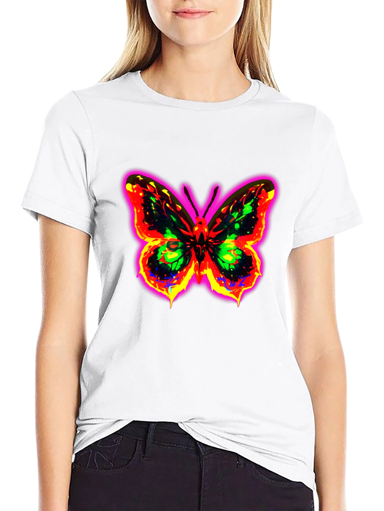 Neon Butterfly Graphic Black T-Shirt