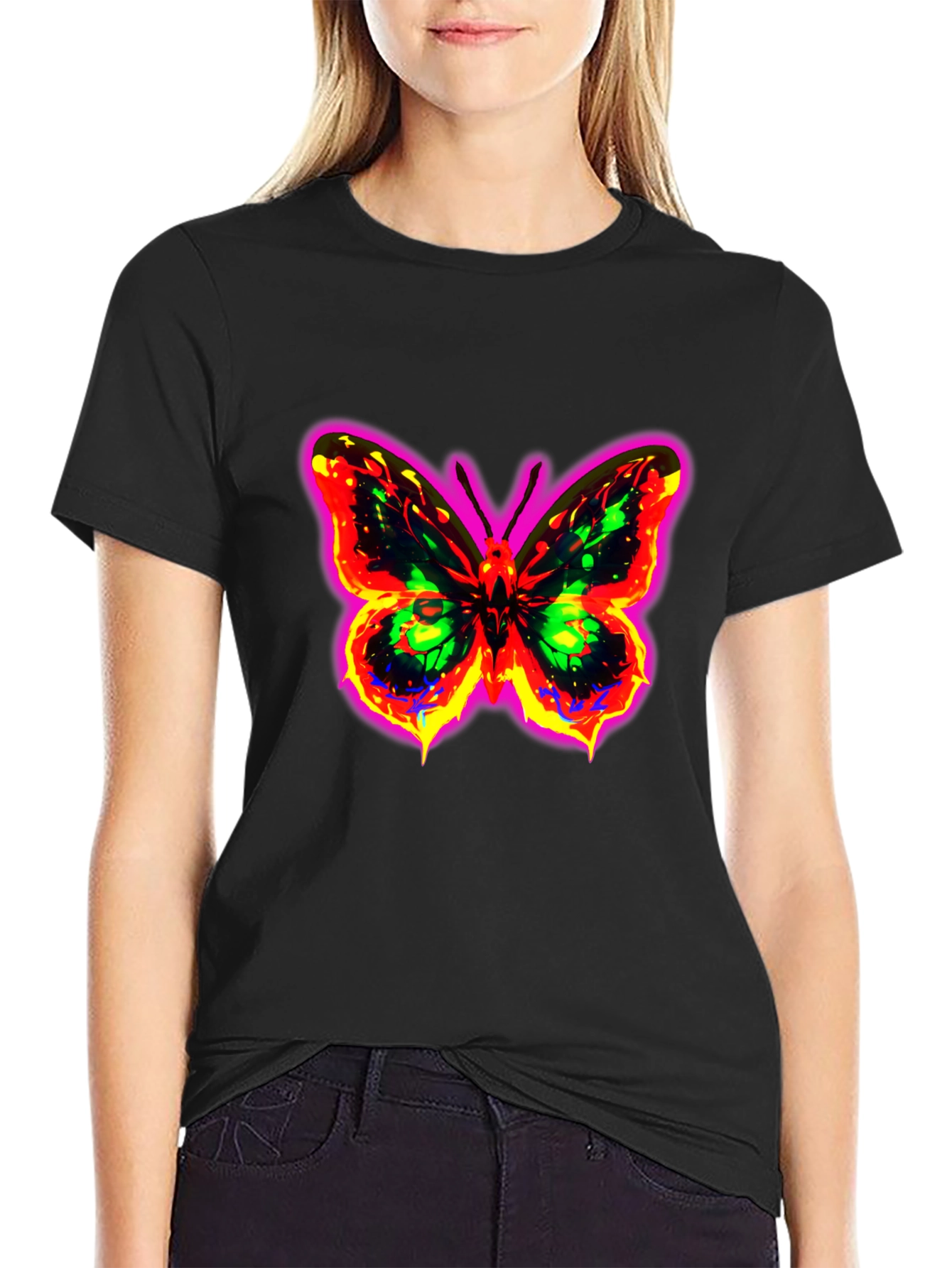 Neon Butterfly Graphic Black T-Shirt