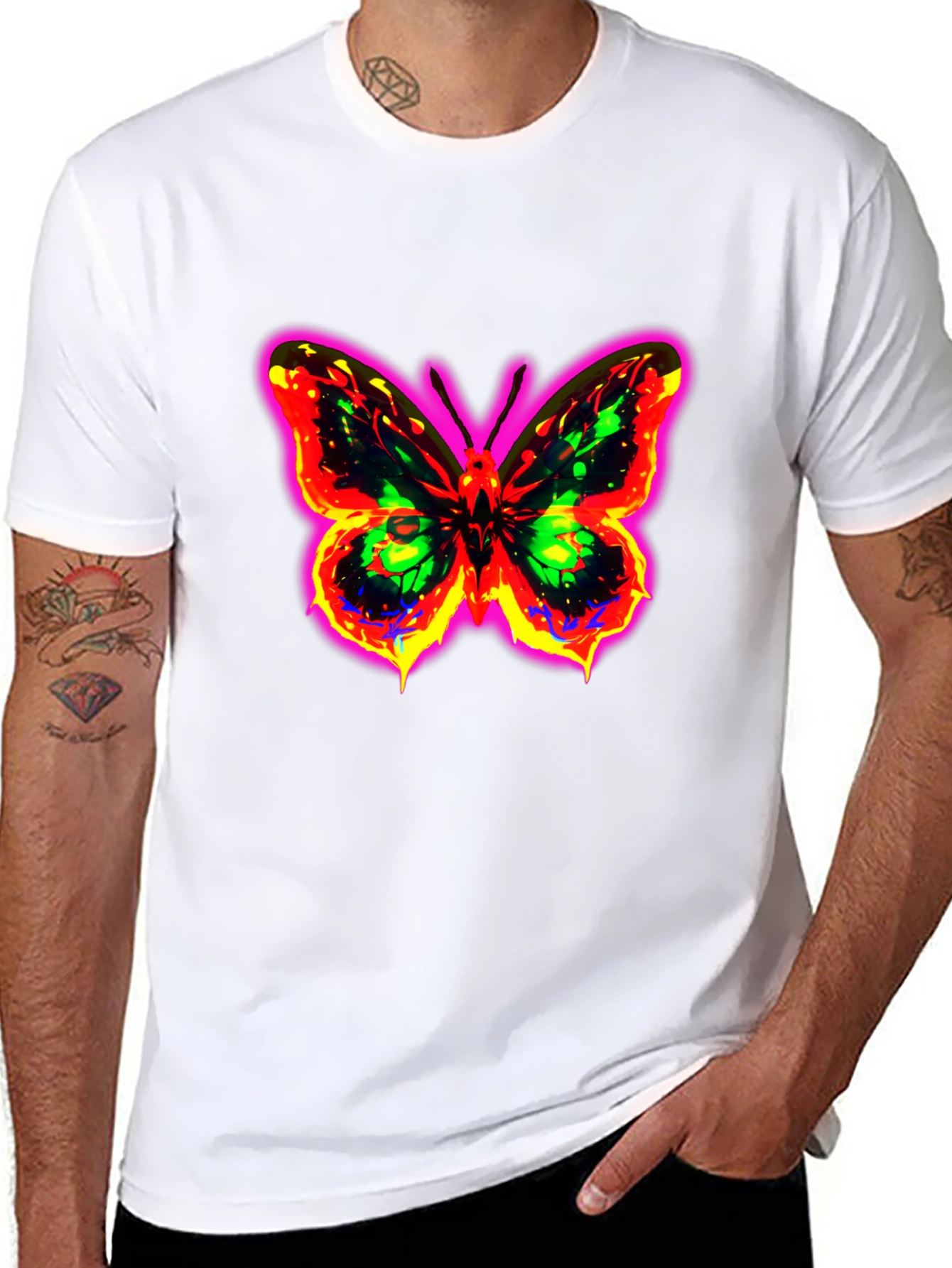 Neon Butterfly Graphic Black T-Shirt