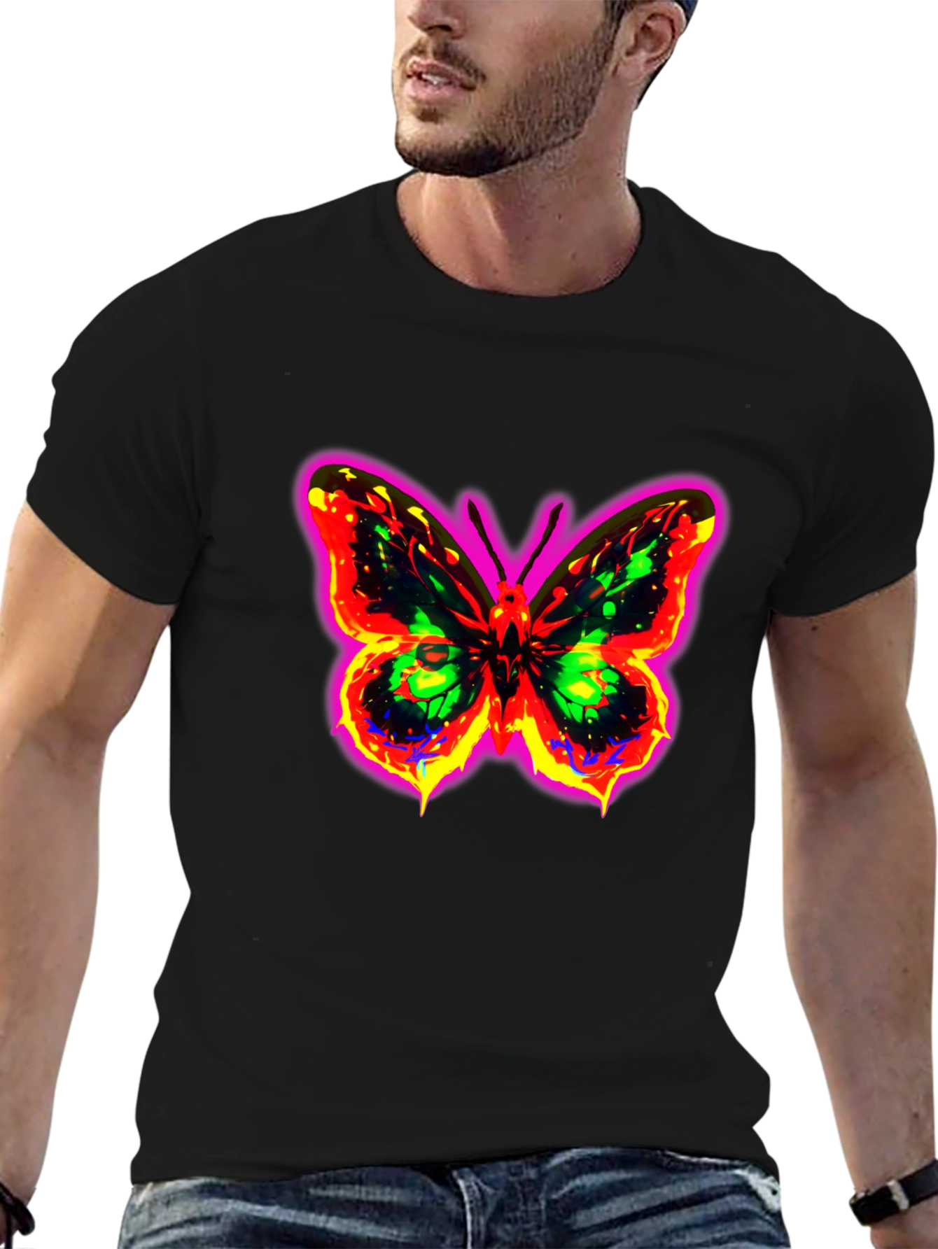Neon Butterfly Graphic Black T-Shirt