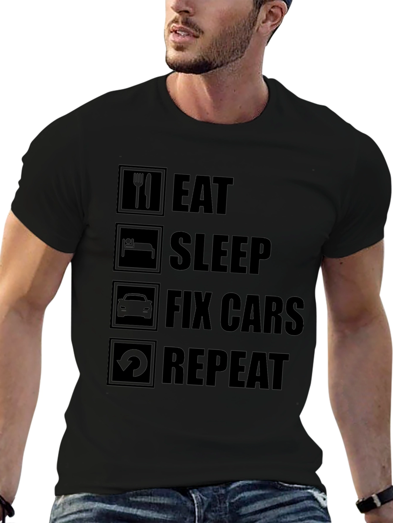 Eat Sleep Fix Cars Repeat Black T-Shirt