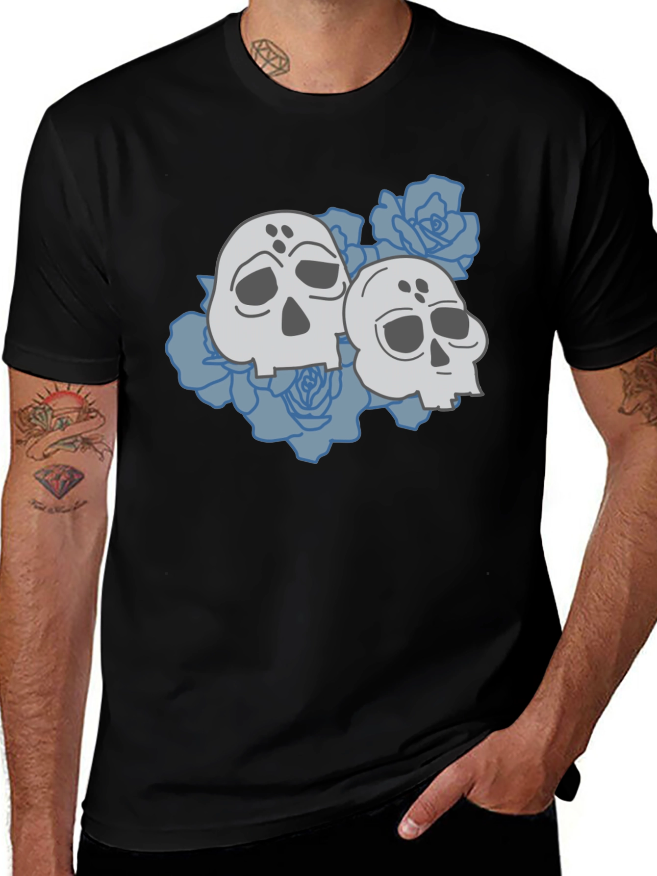 Skull & Roses Graphic Tee - Casual Black T-Shirt