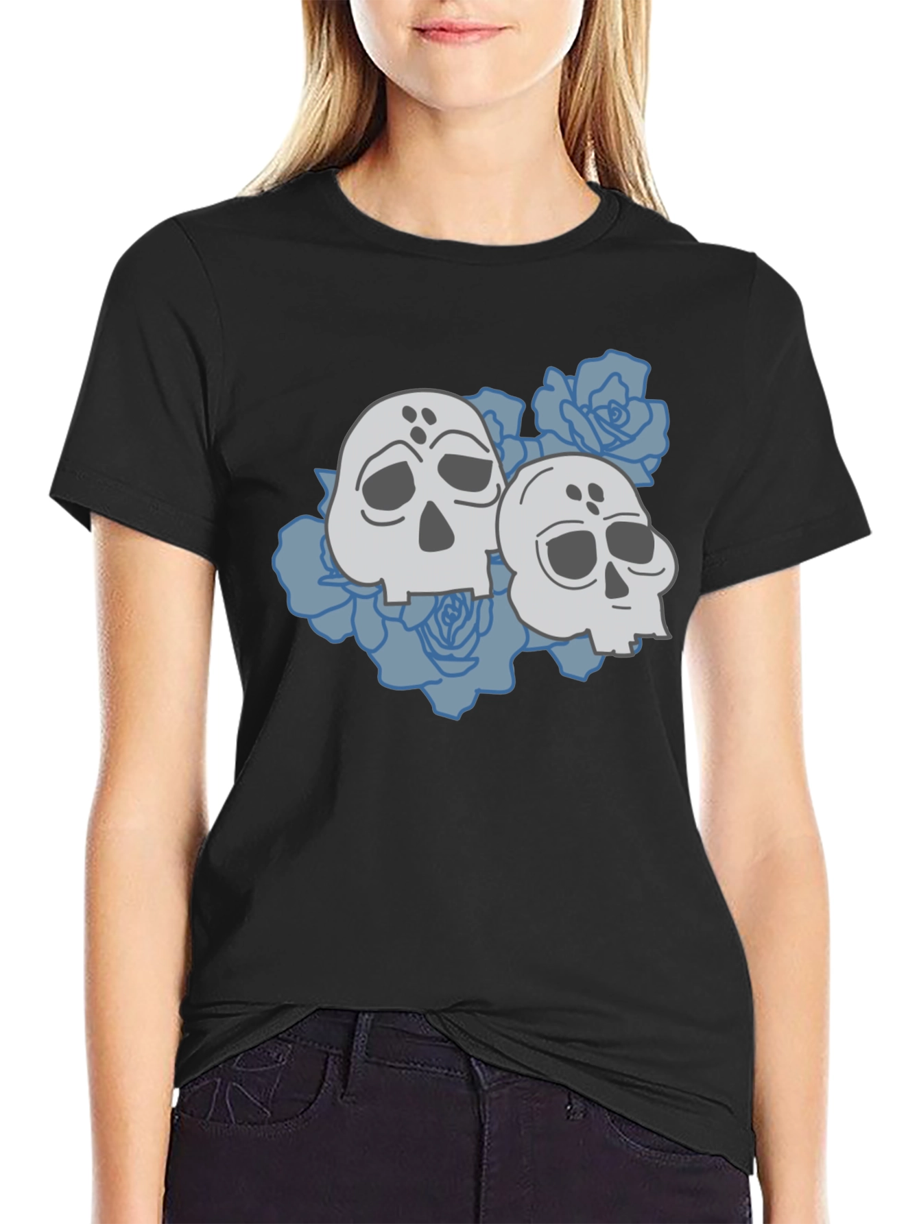 Skull & Roses Graphic Tee - Casual Black T-Shirt