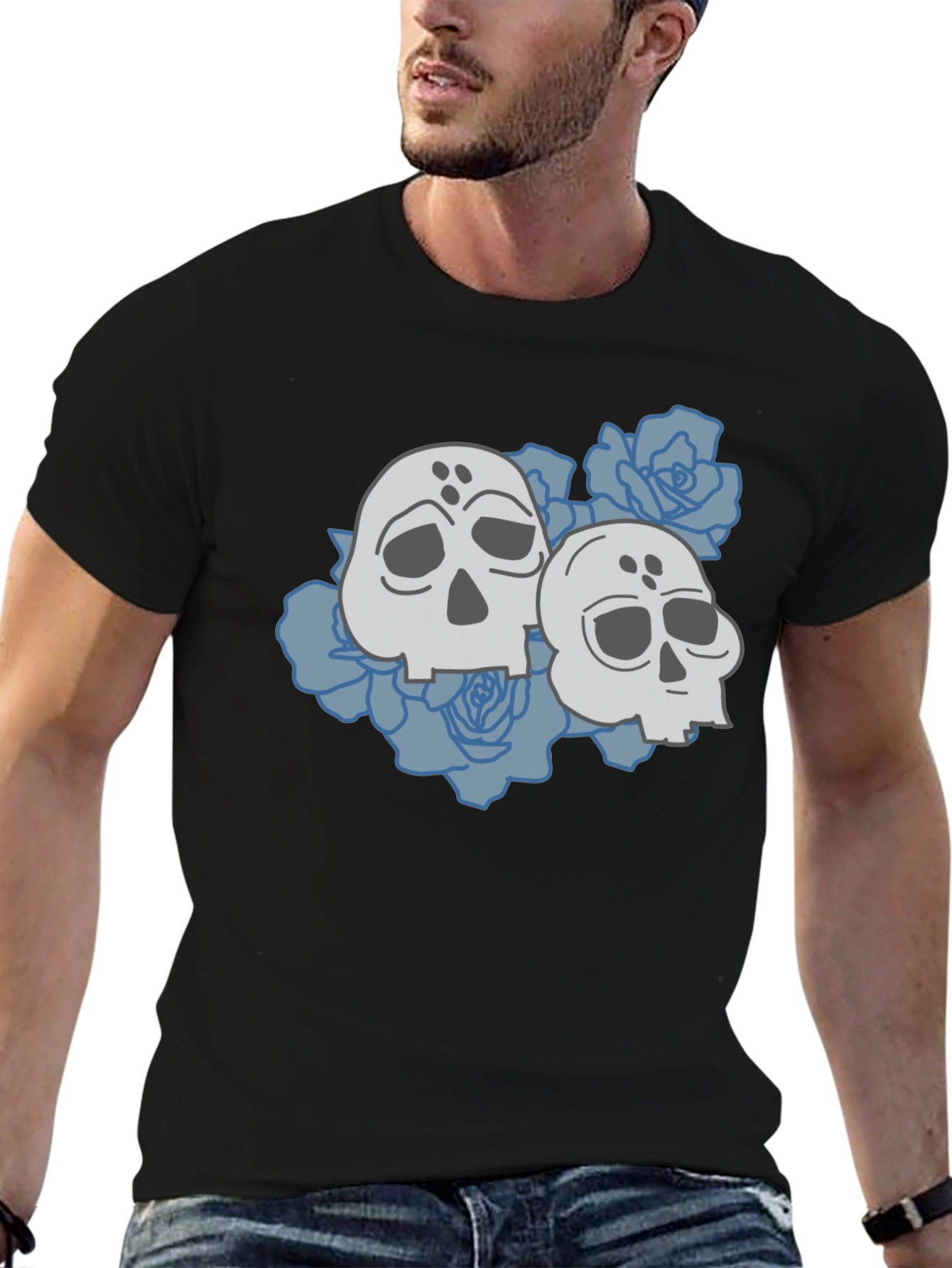 Skull & Roses Graphic Tee - Casual Black T-Shirt